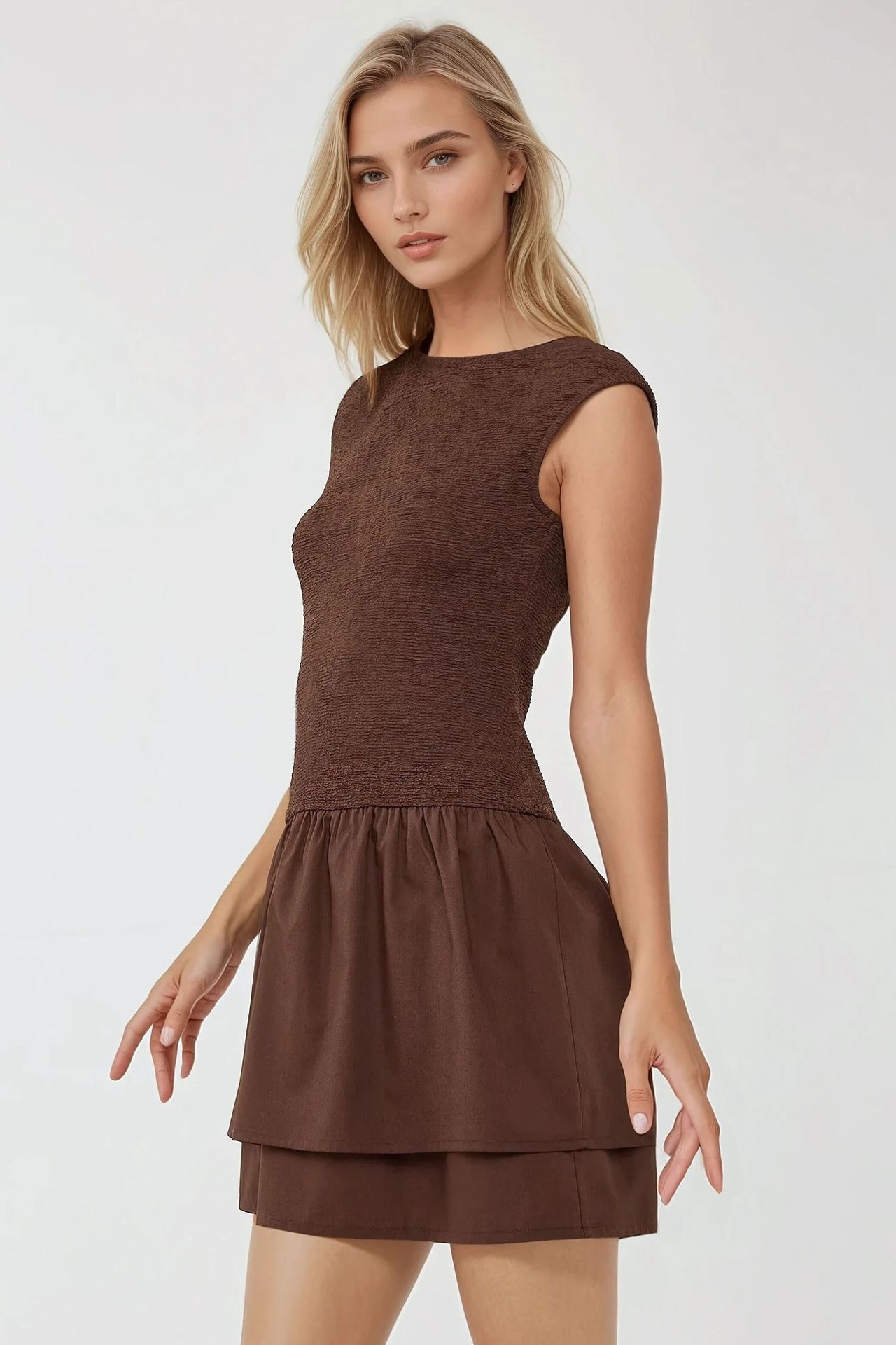 Textured Mini Dress with Crew Neck