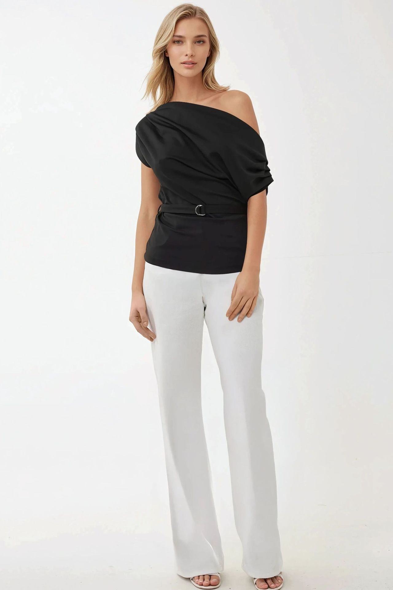 Shawl Collar Drapped Belted Top