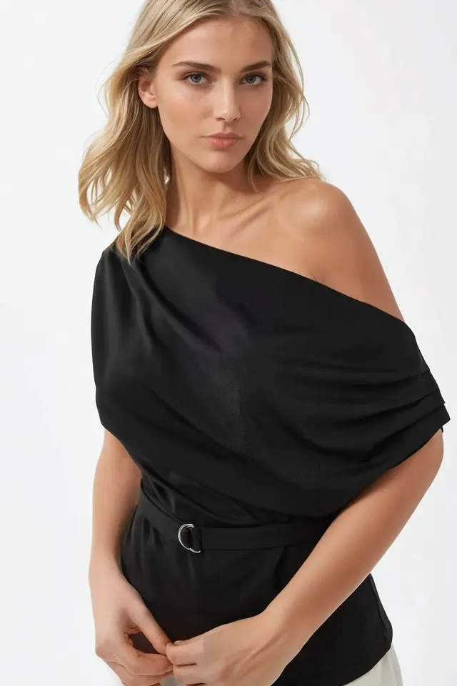 Shawl Collar Drapped Belted Top