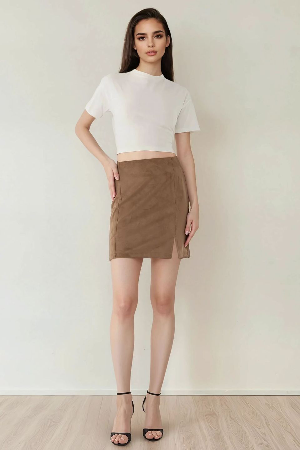 High Waist Mini Suede Skirt with Slit