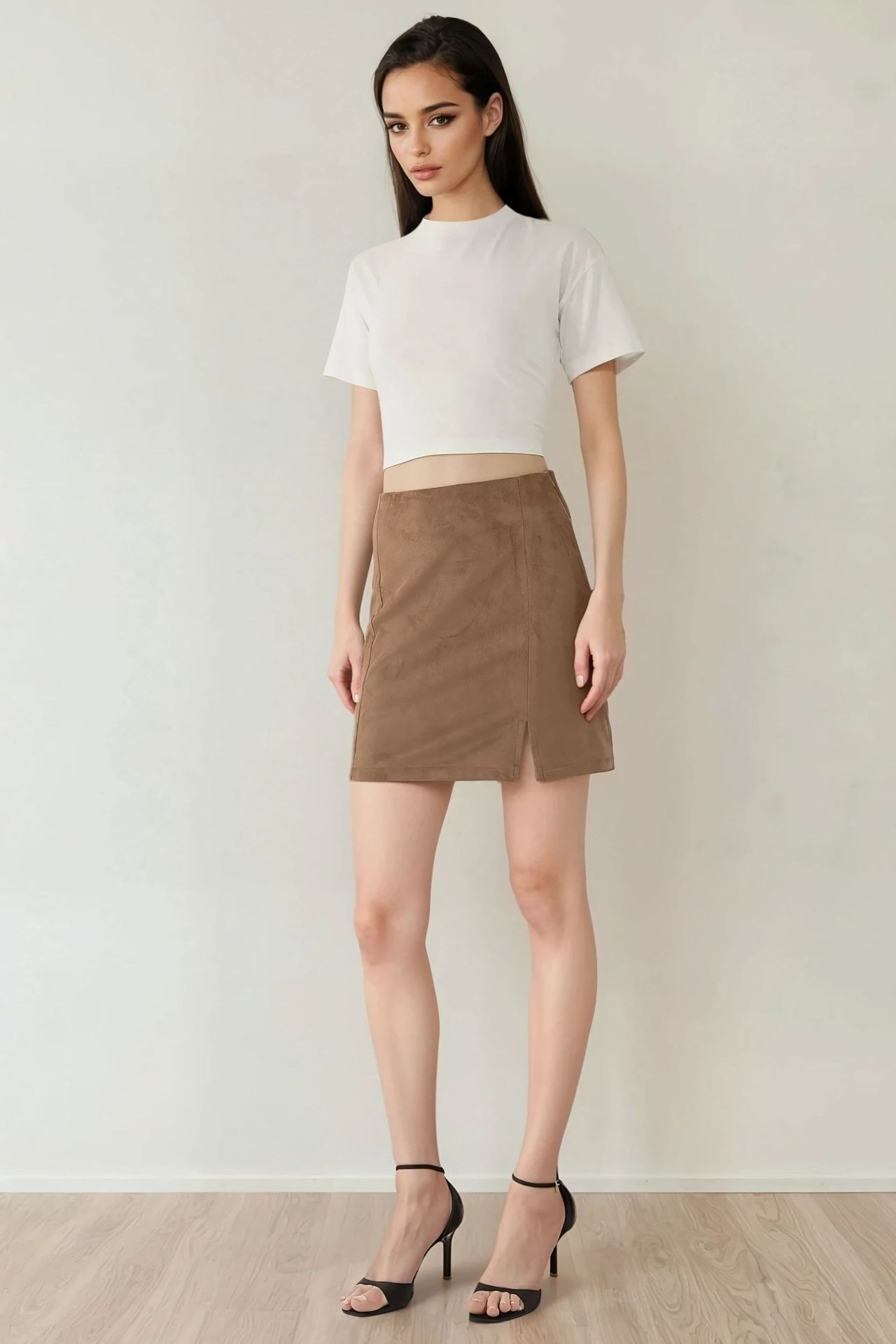 High Waist Mini Suede Skirt with Slit