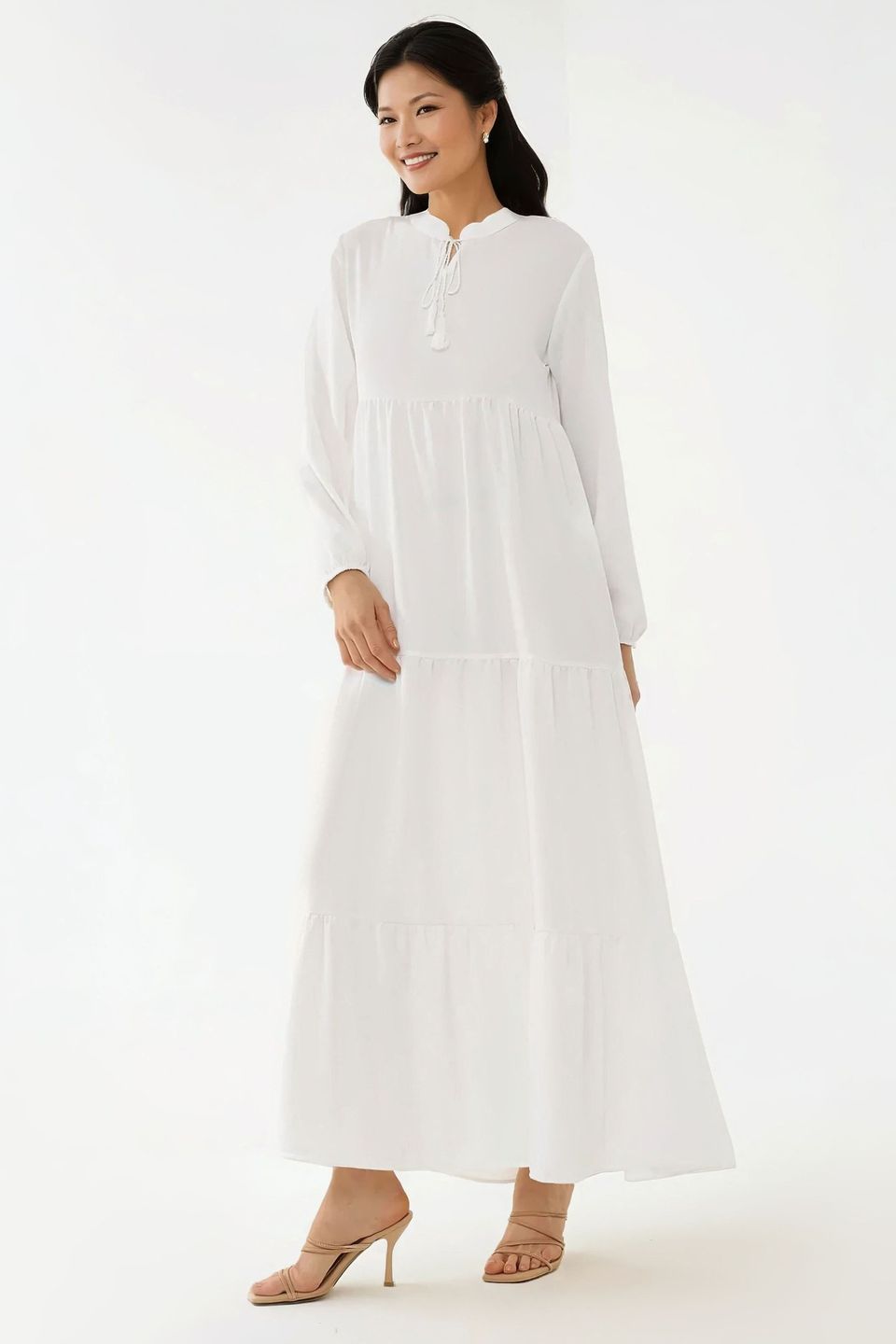 Textured Crew Neck Maxi Dress with Buttons