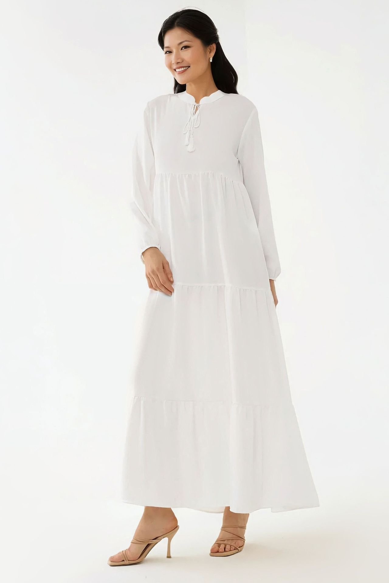 Textured Crew Neck Maxi Dress with Buttons