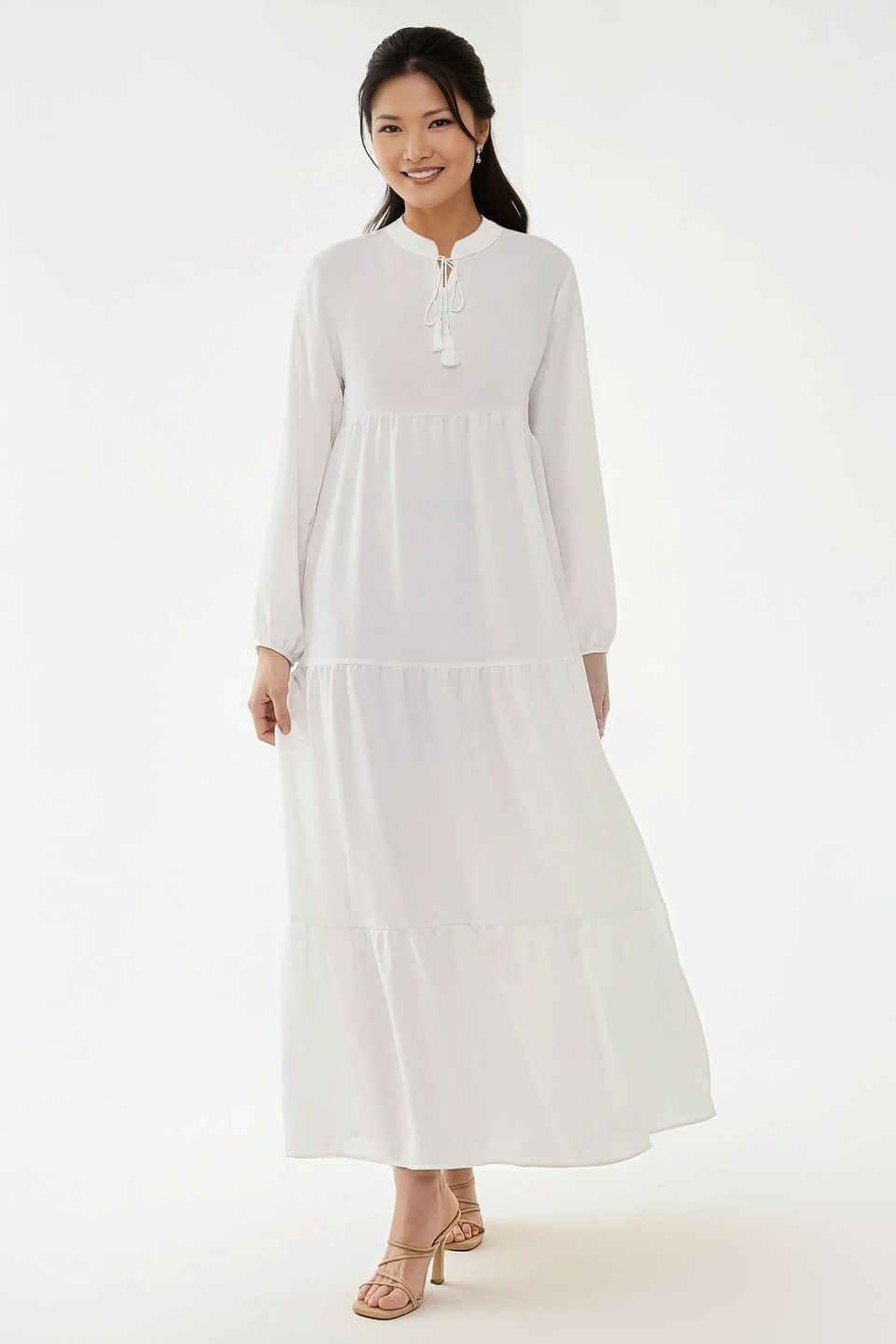 Textured Crew Neck Maxi Dress with Buttons