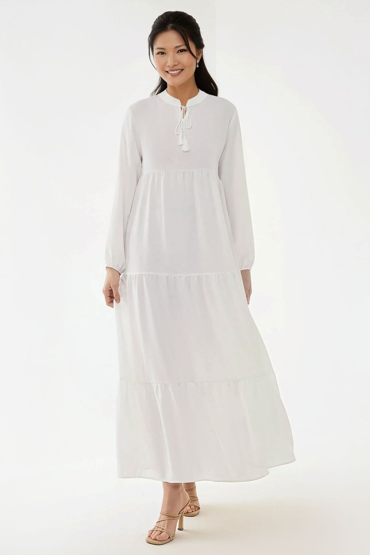 Textured Crew Neck Maxi Dress with Buttons