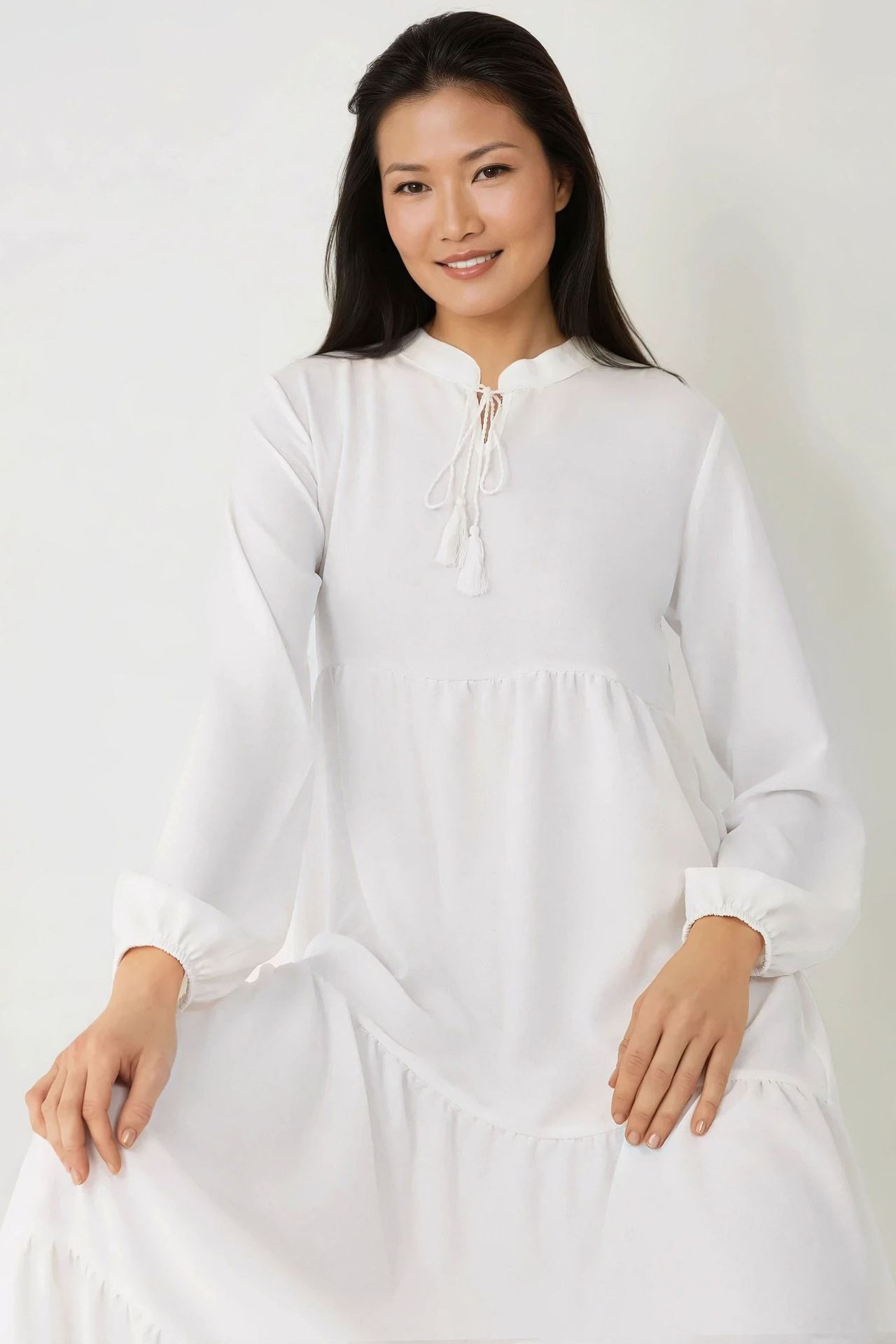 Textured Crew Neck Maxi Dress with Buttons