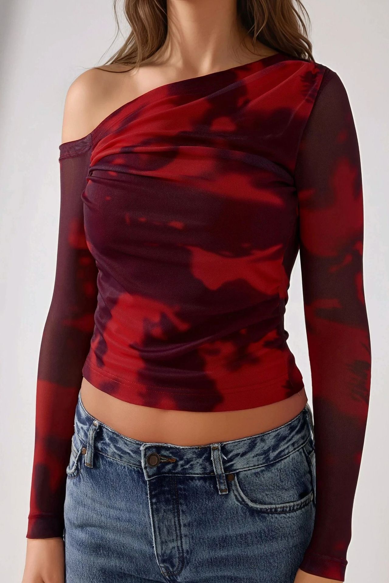 Asymmetrical Collar Tulle Blouse 4
