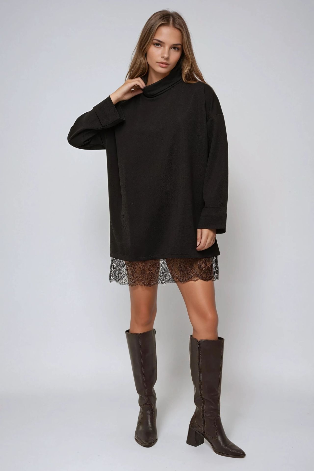 Lace Detail Half Turtleneck Mini Dress