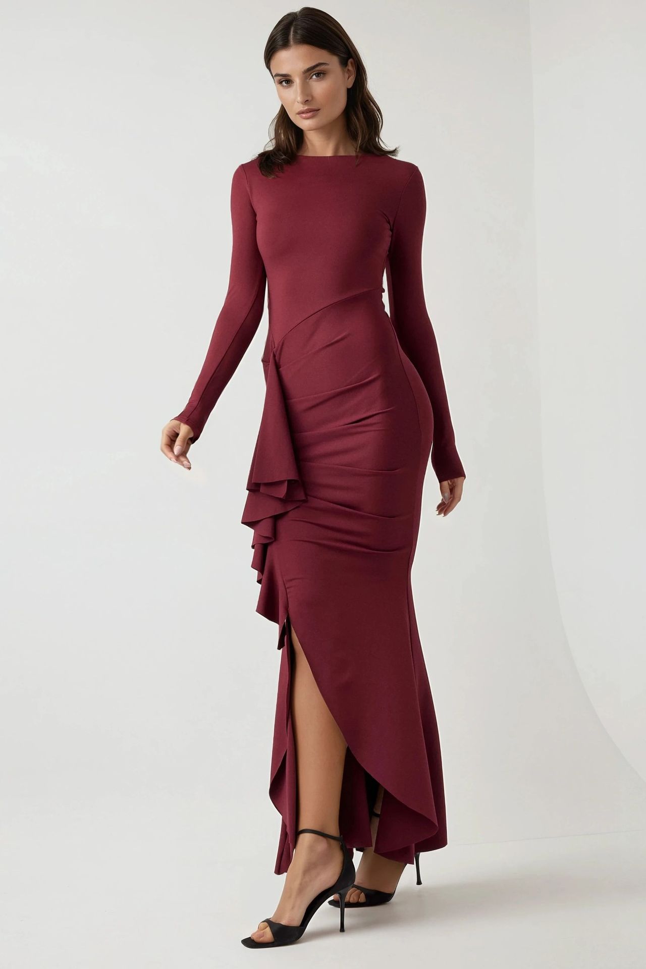 Crew Neck Bodycon Maxi Dress with Ruffle Detail