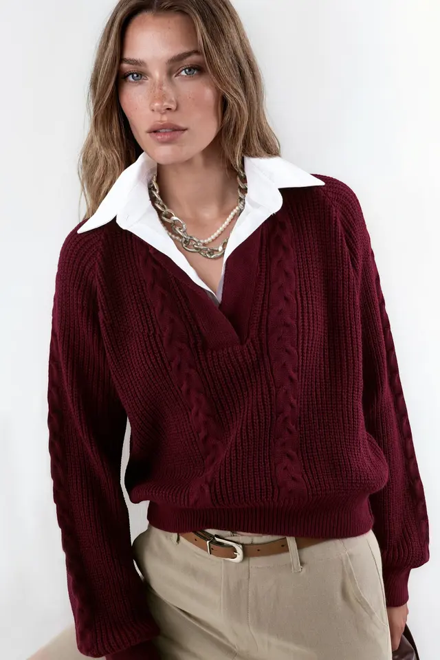 Patterned Knit Sweater with Shirt Collar