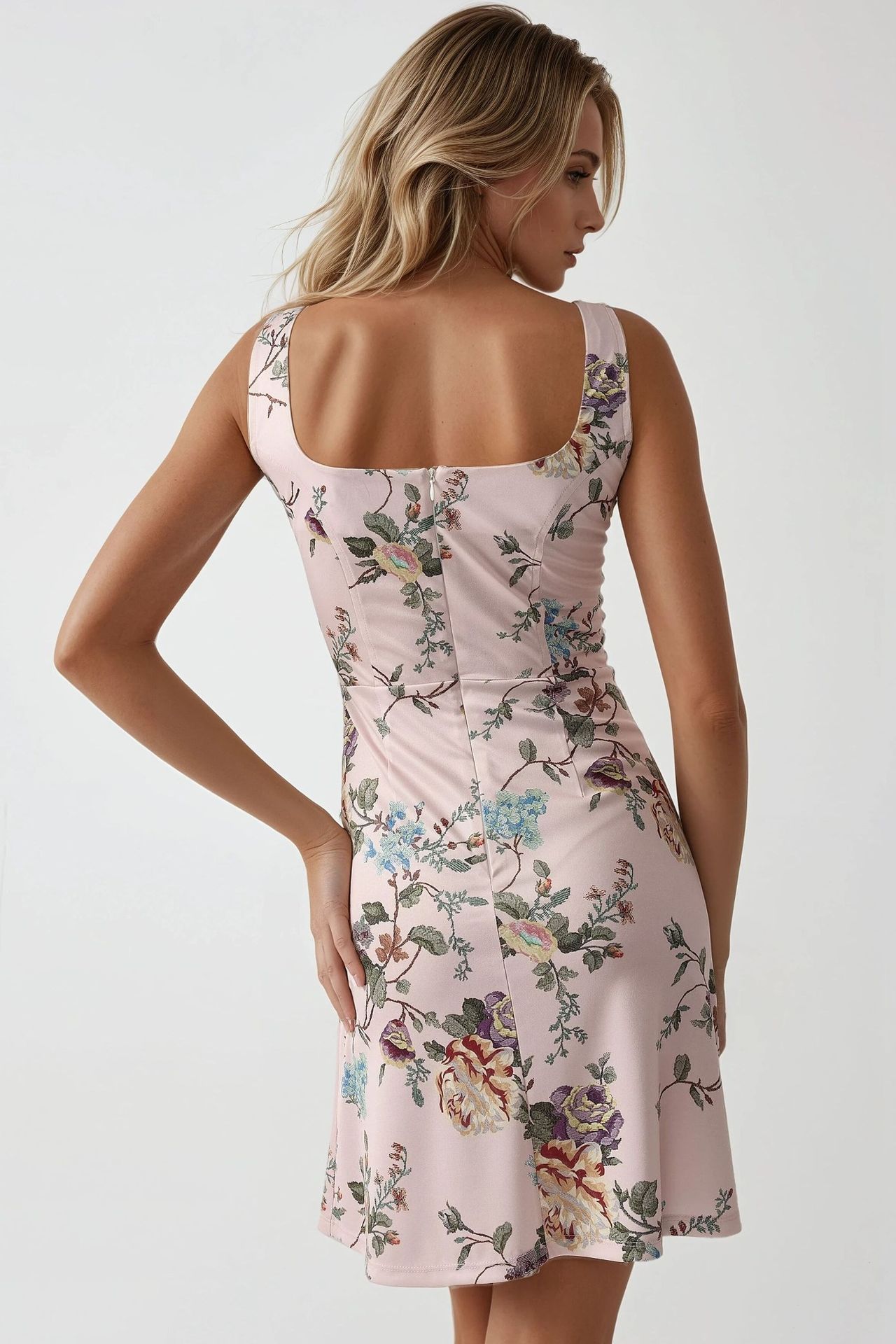 Bodycon Mini Dress with Square Collar and Floral Print