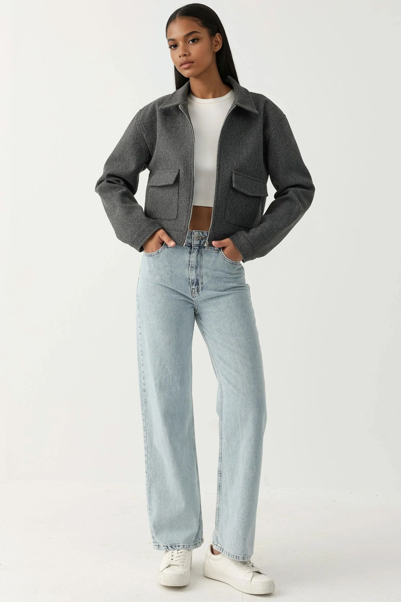 Textured Crop Jacket with Zipper