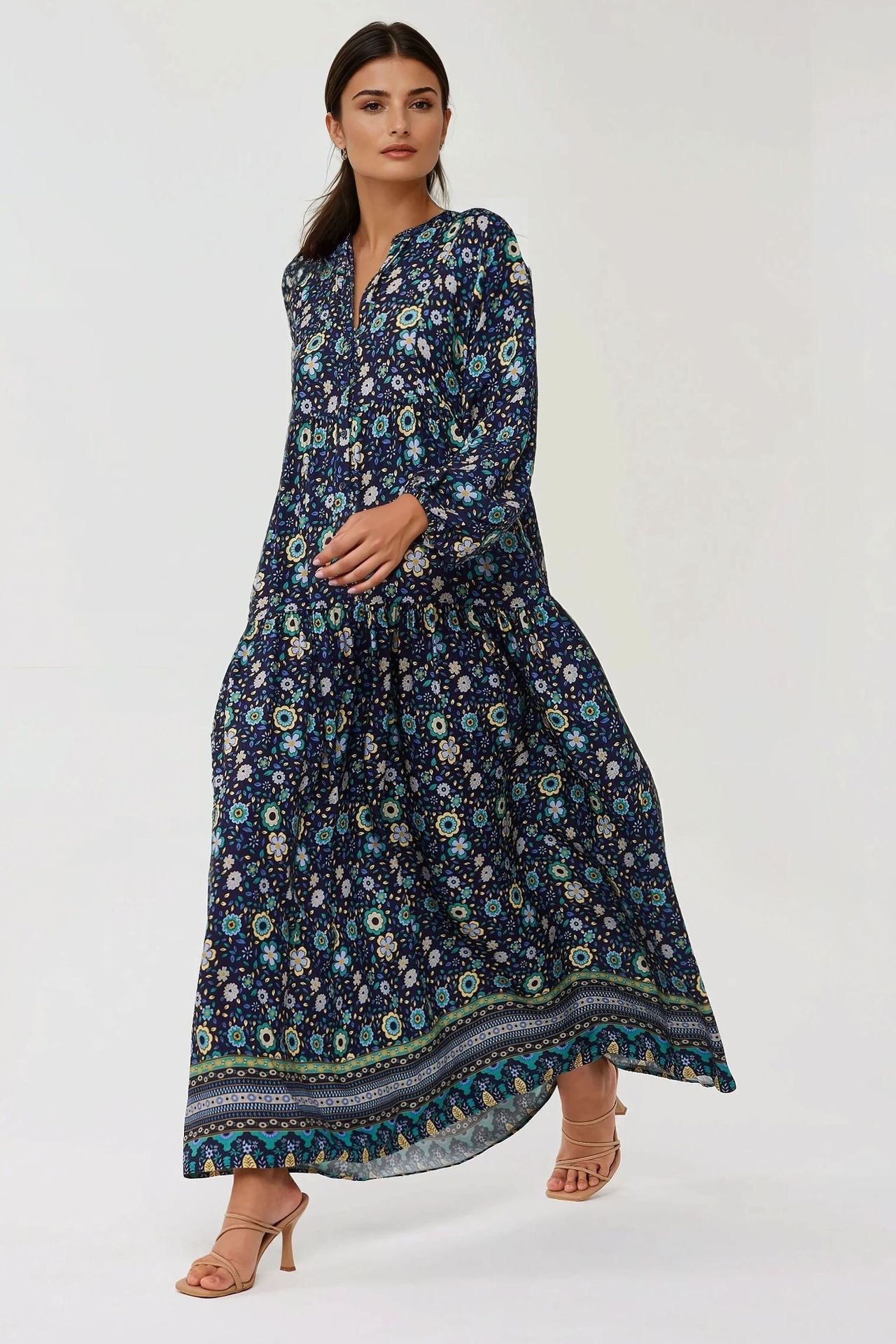 Printed V-Neck Maxi Dress with Buttons