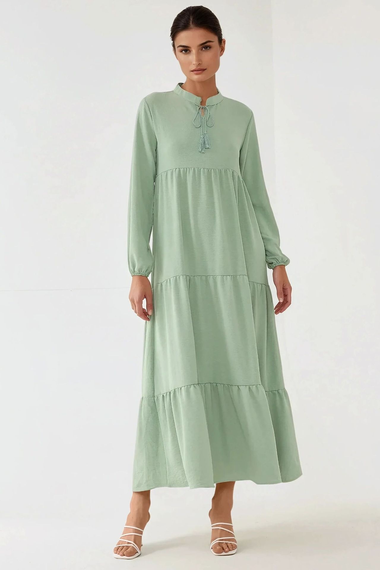 Textured Long Sleeve Crew Neck Maxi Dress