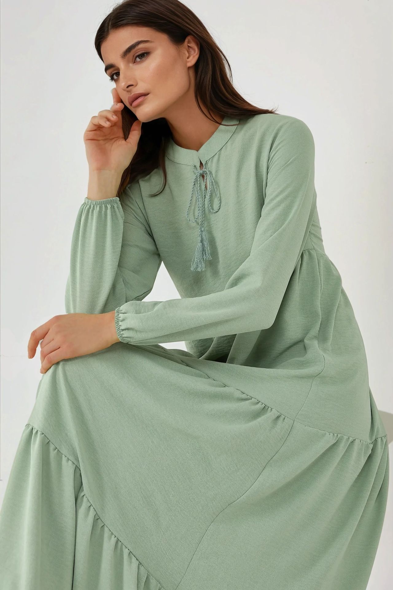 Textured Long Sleeve Crew Neck Maxi Dress