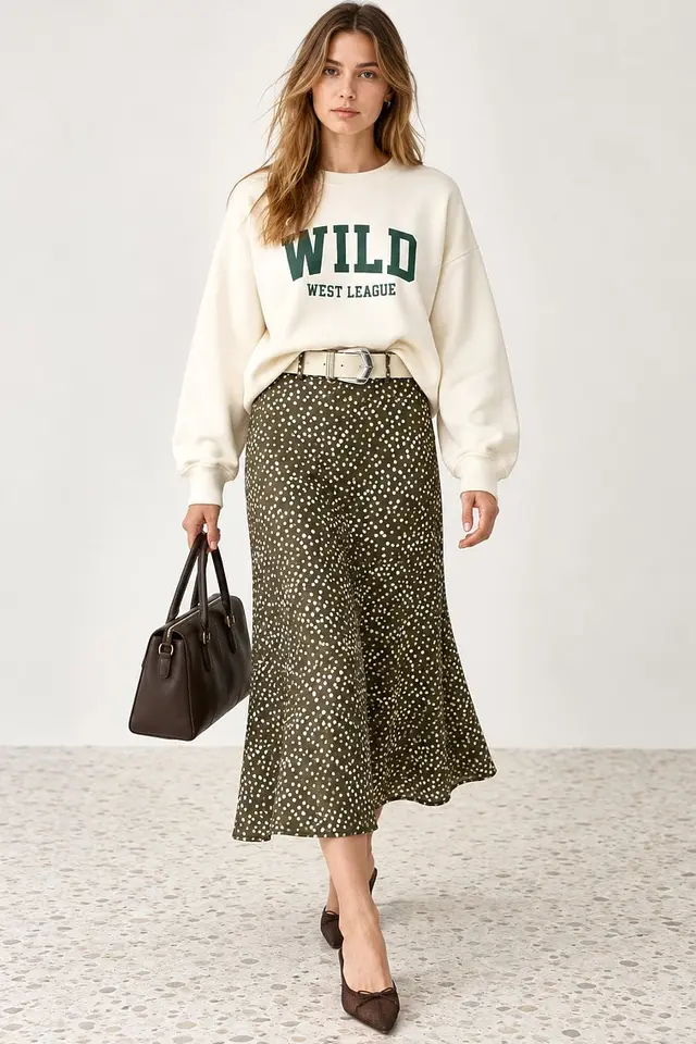 Polka Dot Belted Satin Midi Skirt