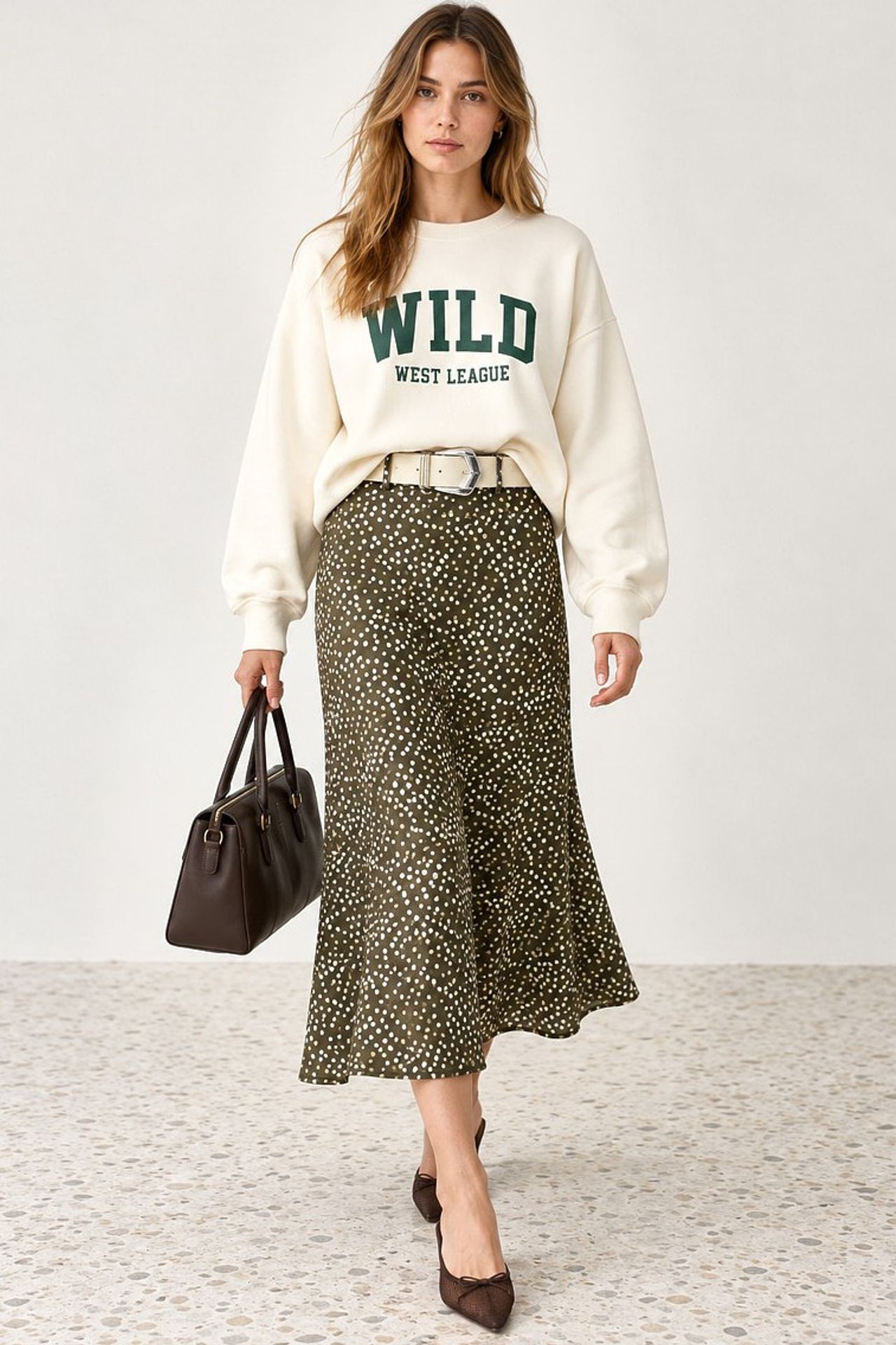 Polka Dot Belted Satin Midi Skirt 1