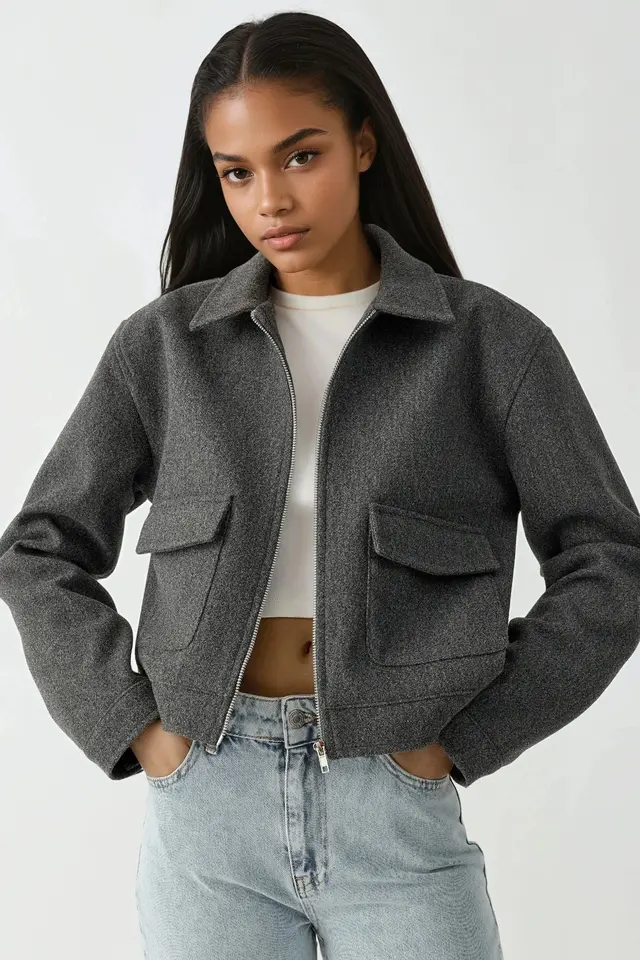 Textured Crop Jacket with Zipper