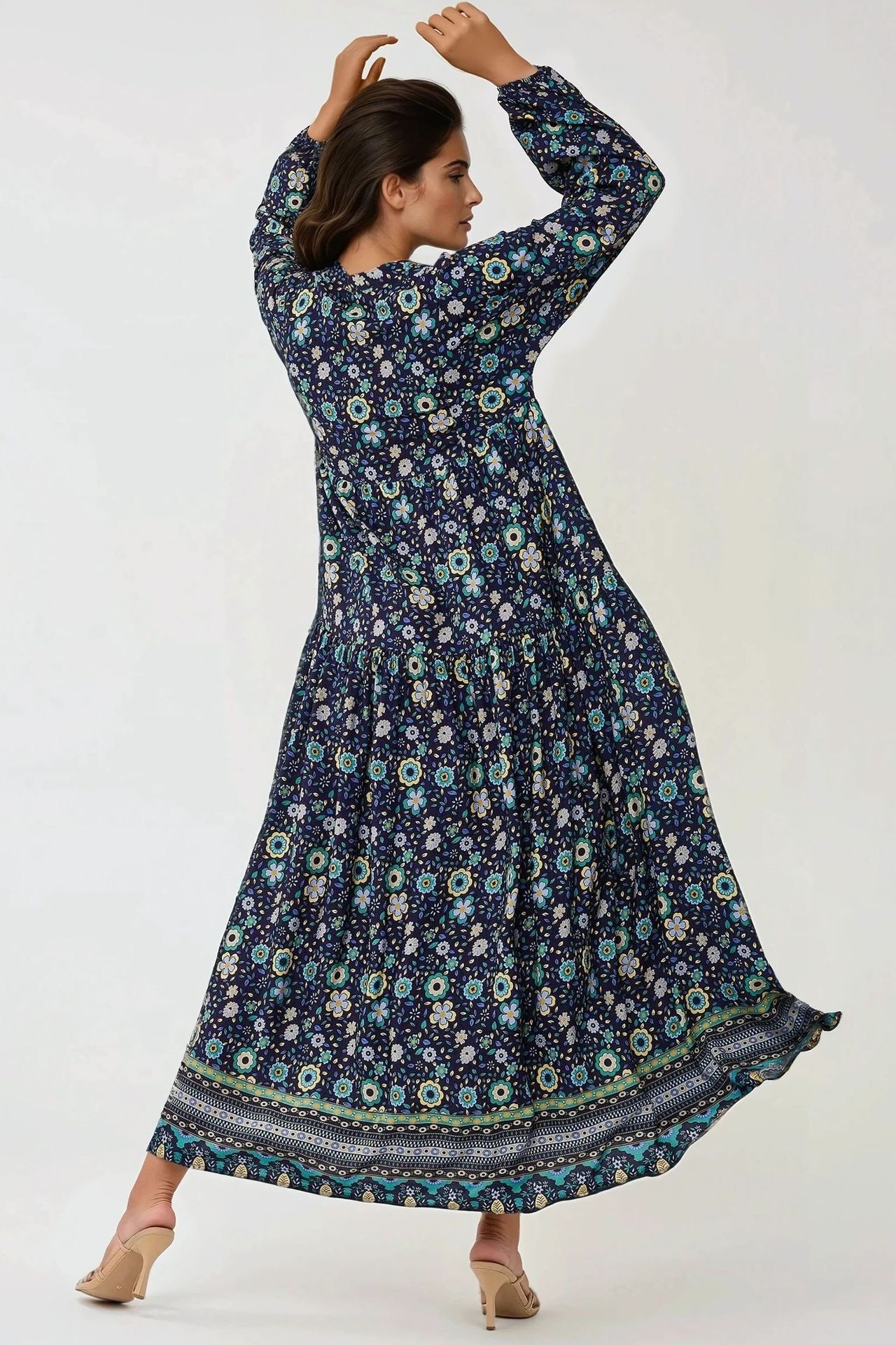 Printed V-Neck Maxi Dress with Buttons