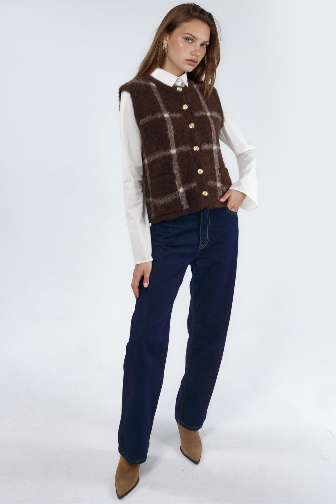 Plaid Crew Neck Sweater Vest with Buttons 5