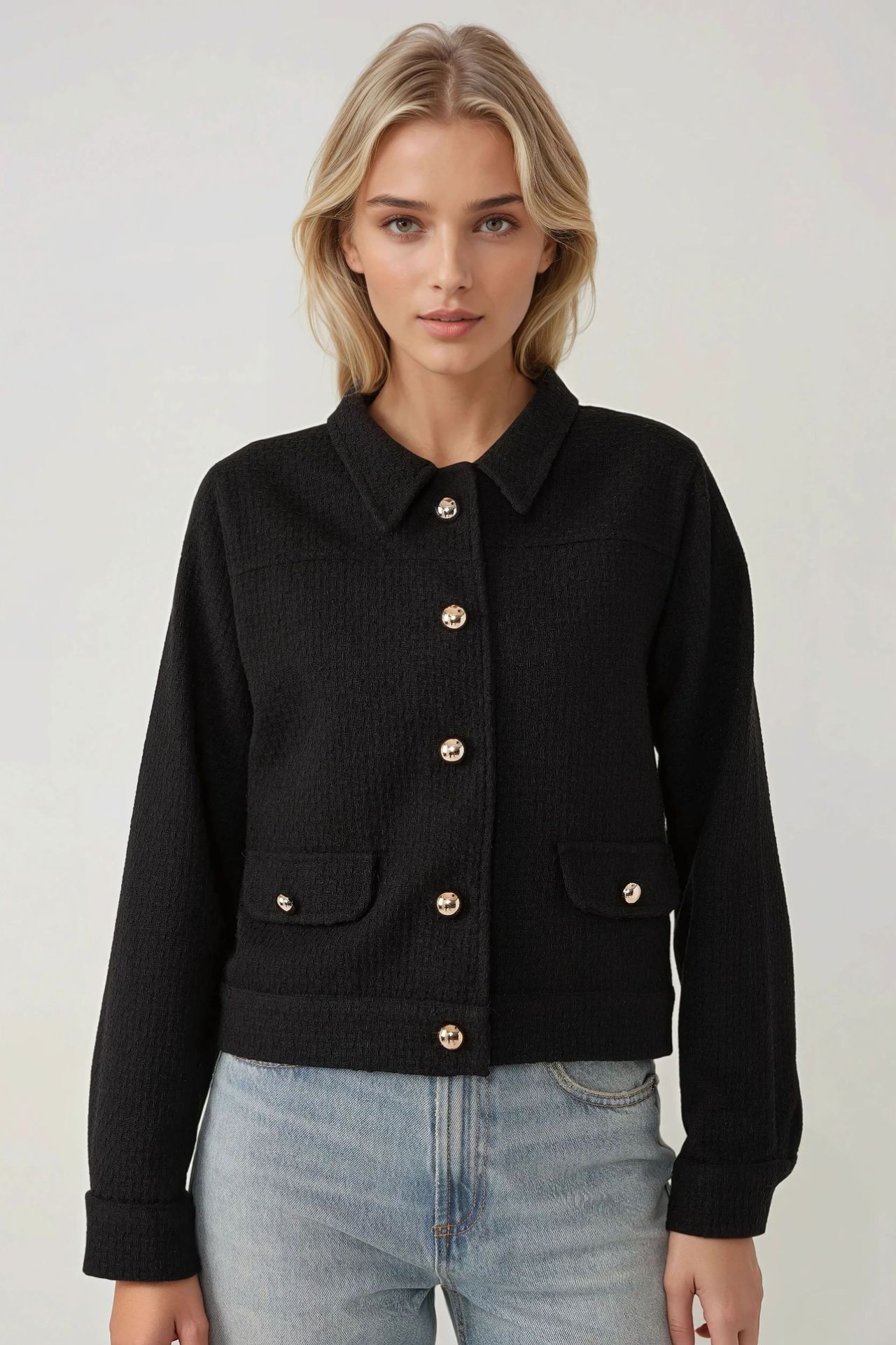 Textured Tweed Jacket with Button Closure