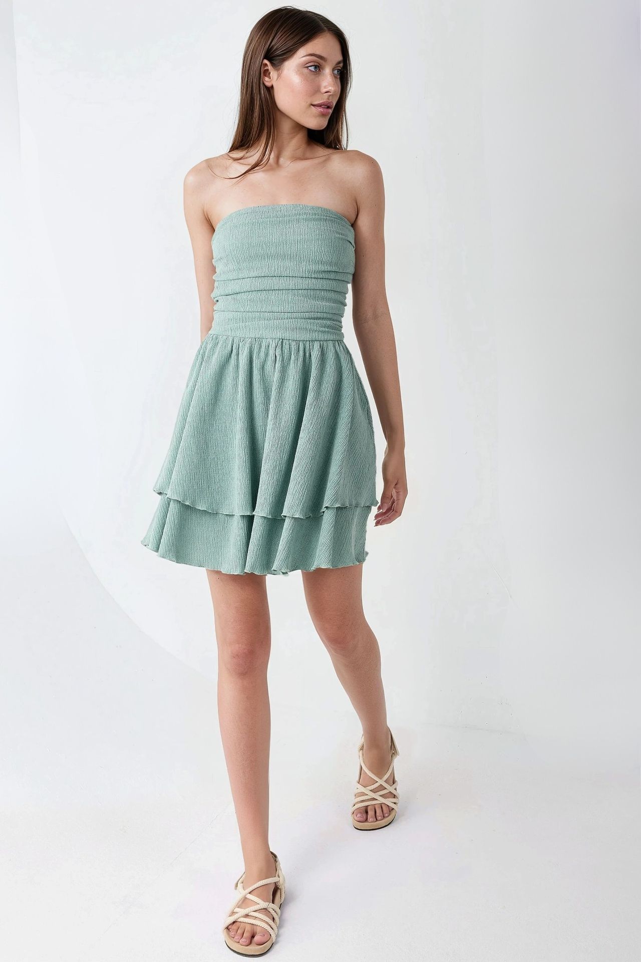 Strapless Textured Ruffle Mini Dress