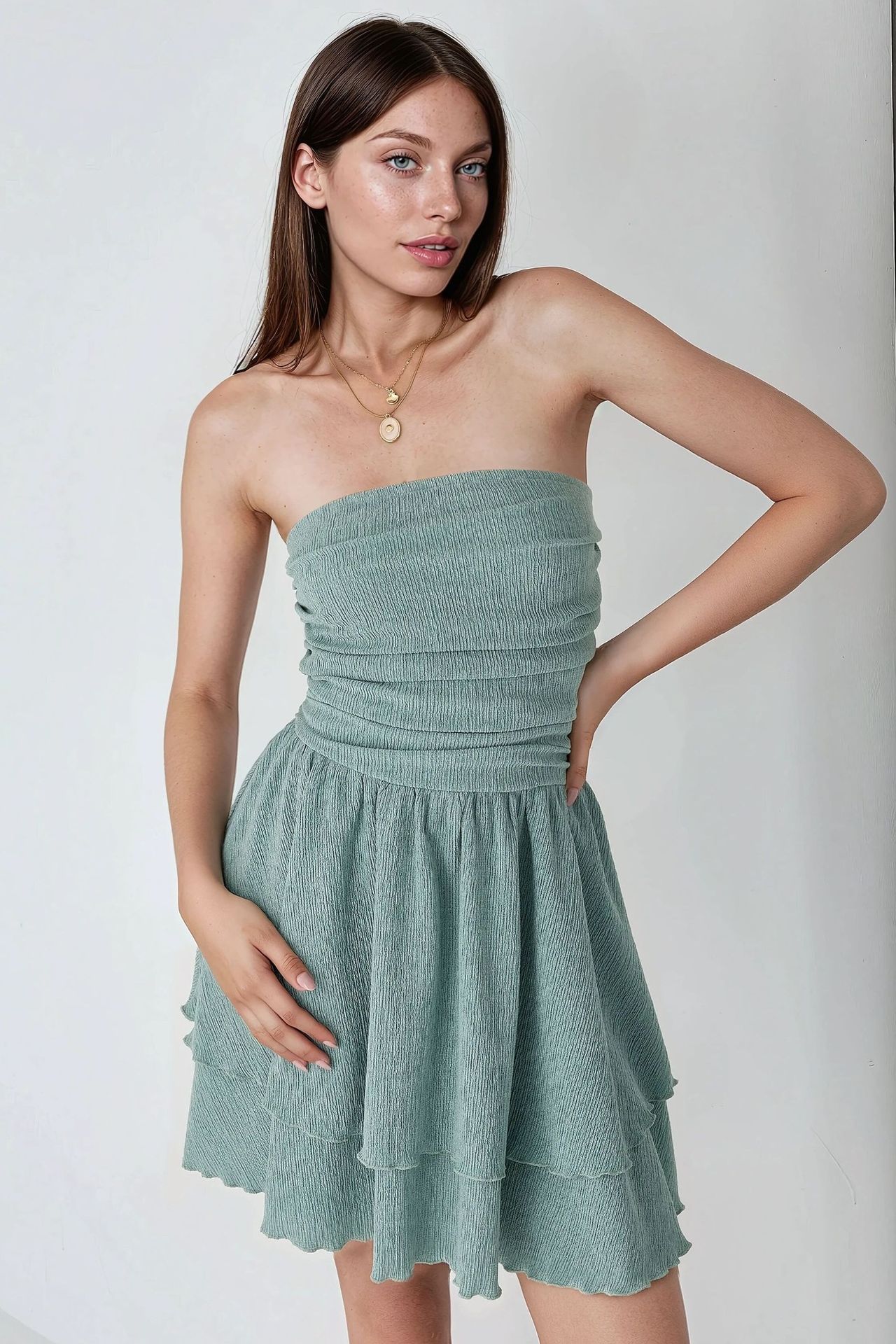 Strapless Textured Ruffle Mini Dress