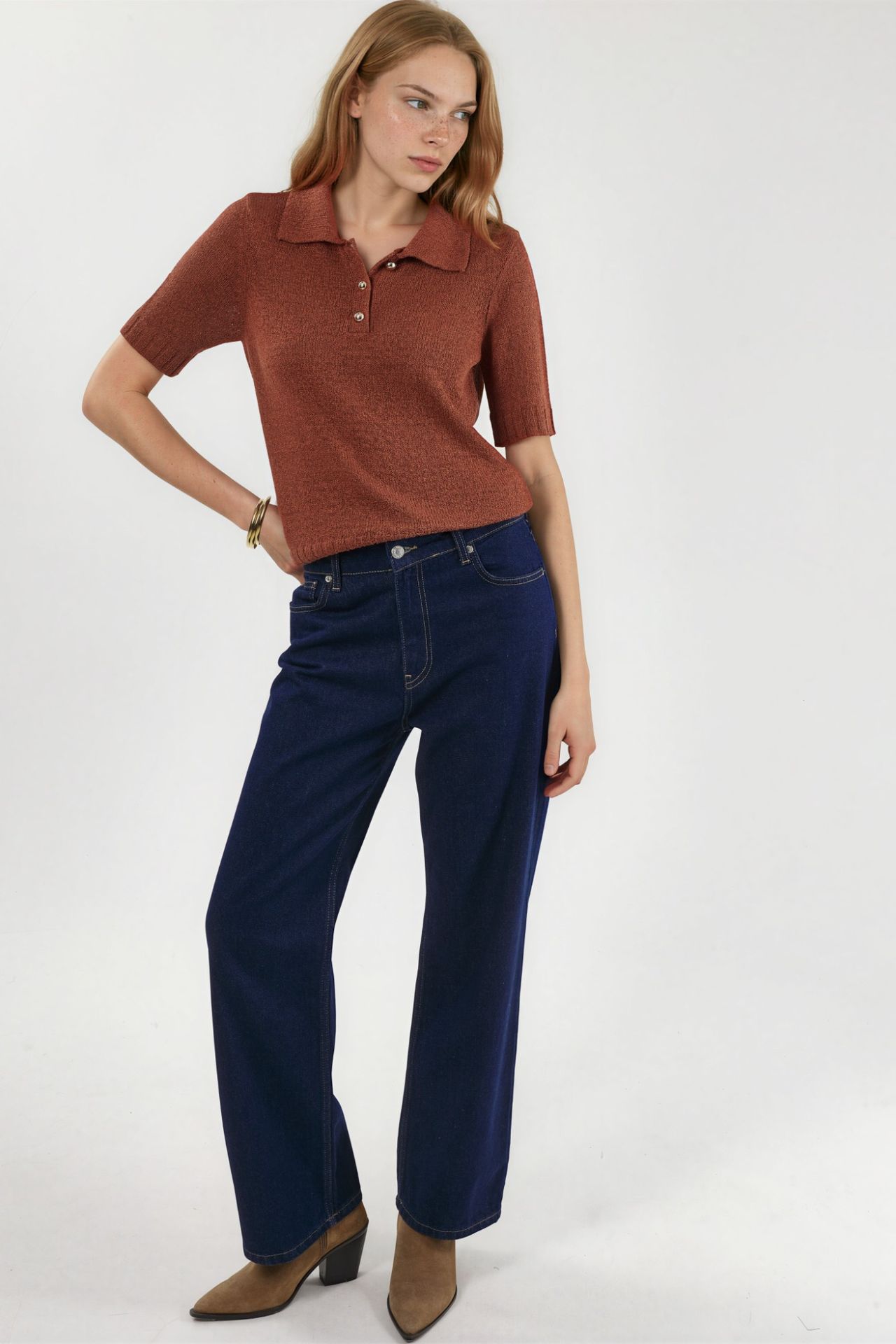 Textured Knit Polo Collar Top 4