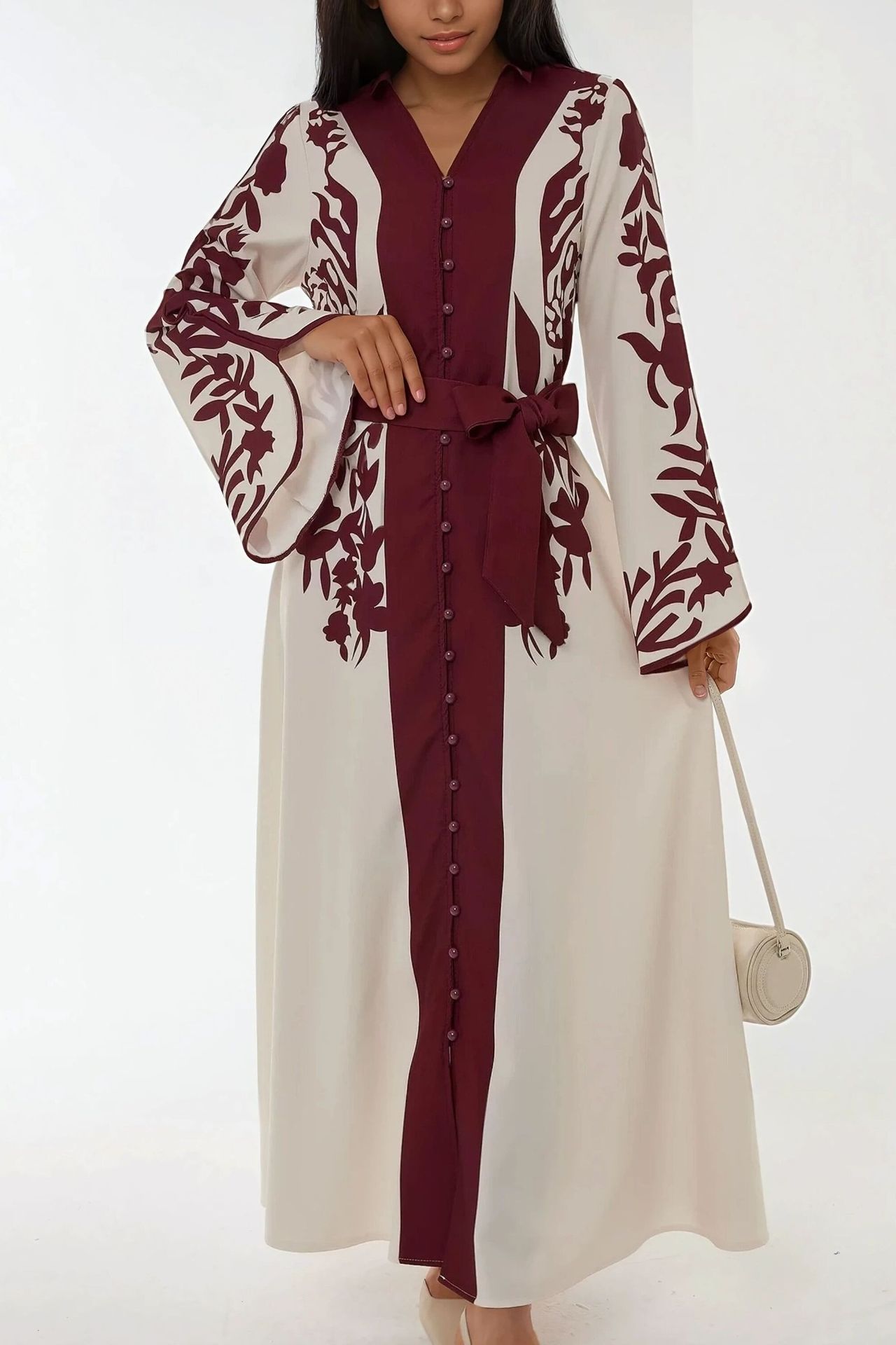 Embroidered Long Sleeve Maxi Dress with Belt