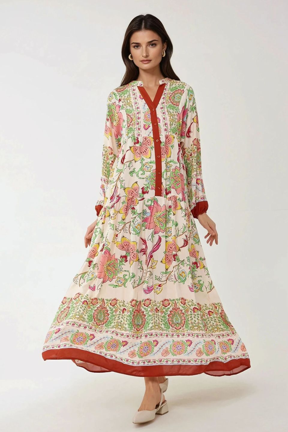 Printed Long Sleeve Viscose Maxi Dress 