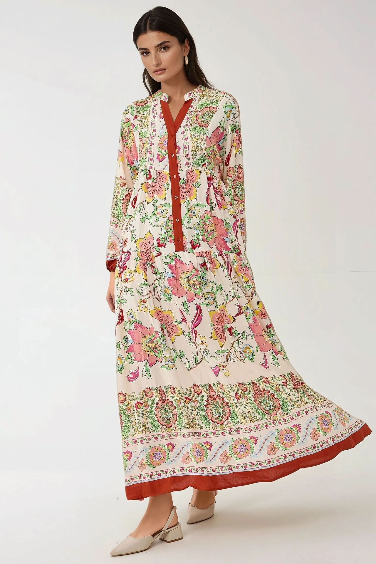 Printed Long Sleeve Viscose Maxi Dress 