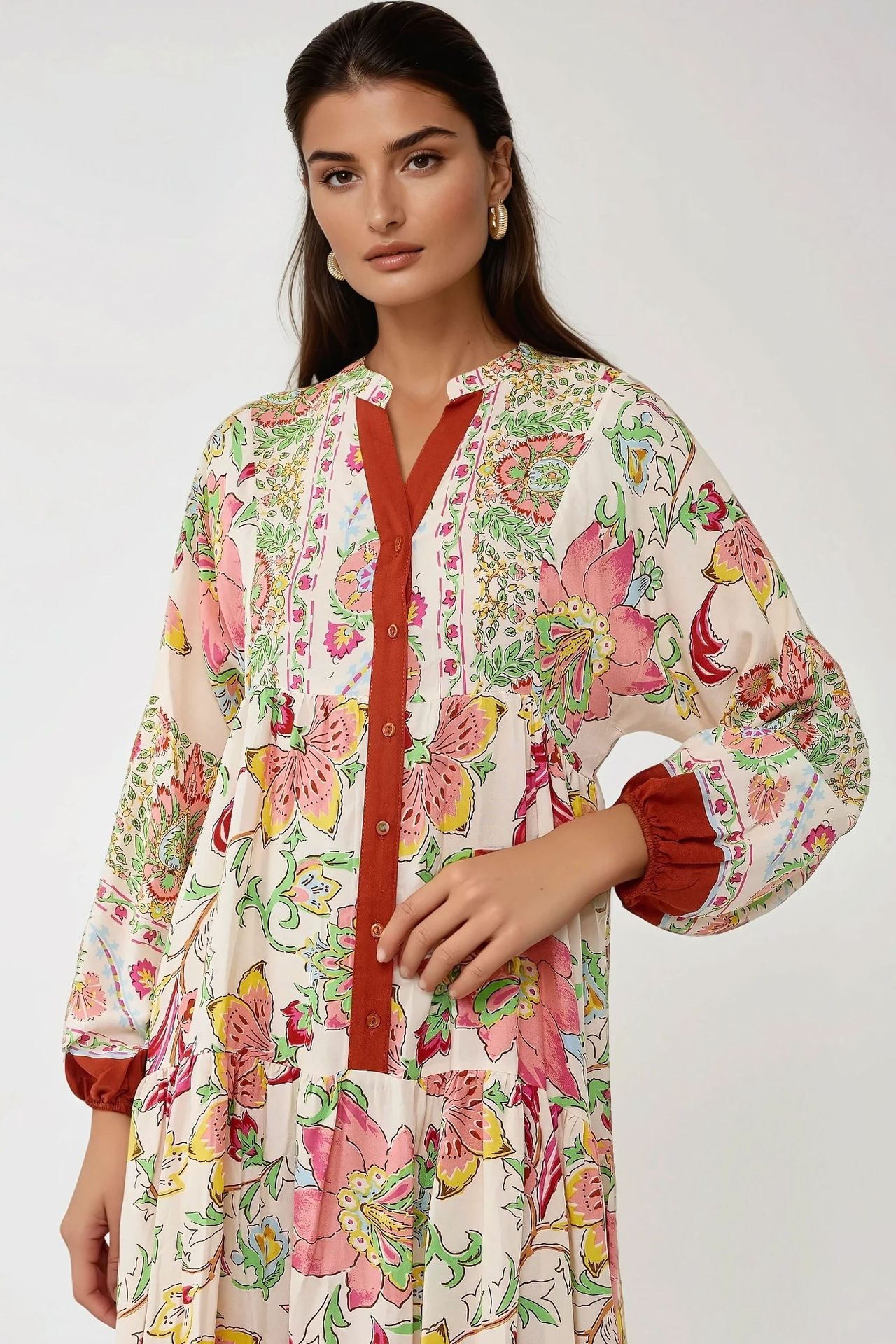 Printed Long Sleeve Viscose Maxi Dress 