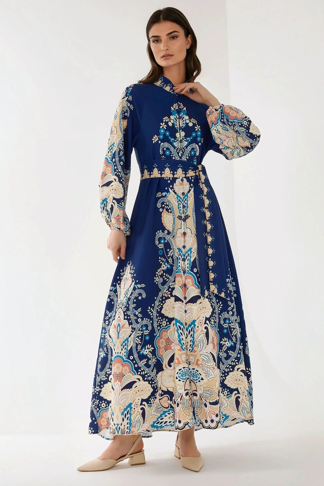 Printed Long Sleeve Maxi Dress with Belt