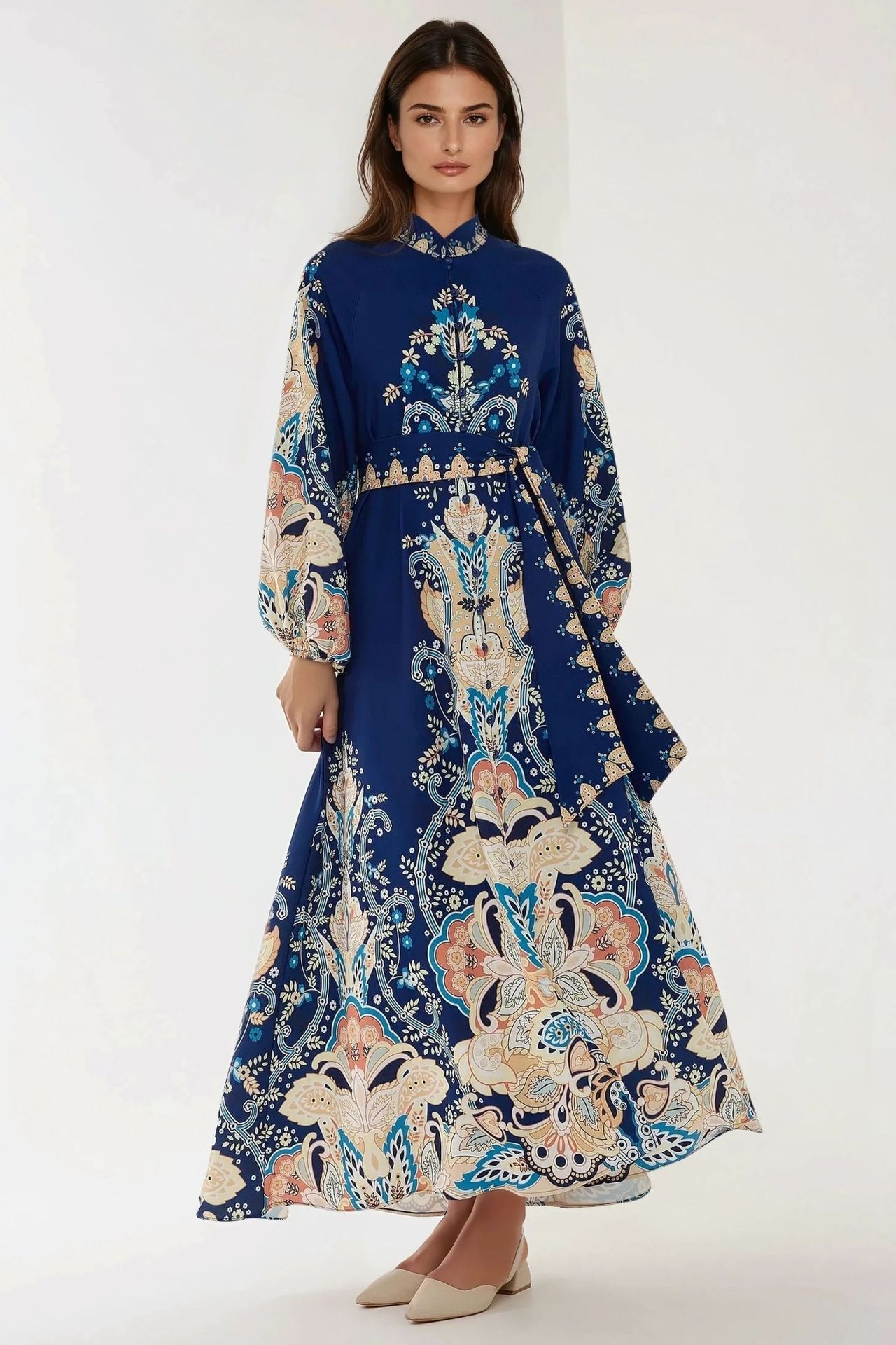 Printed Long Sleeve Maxi Dress with Belt