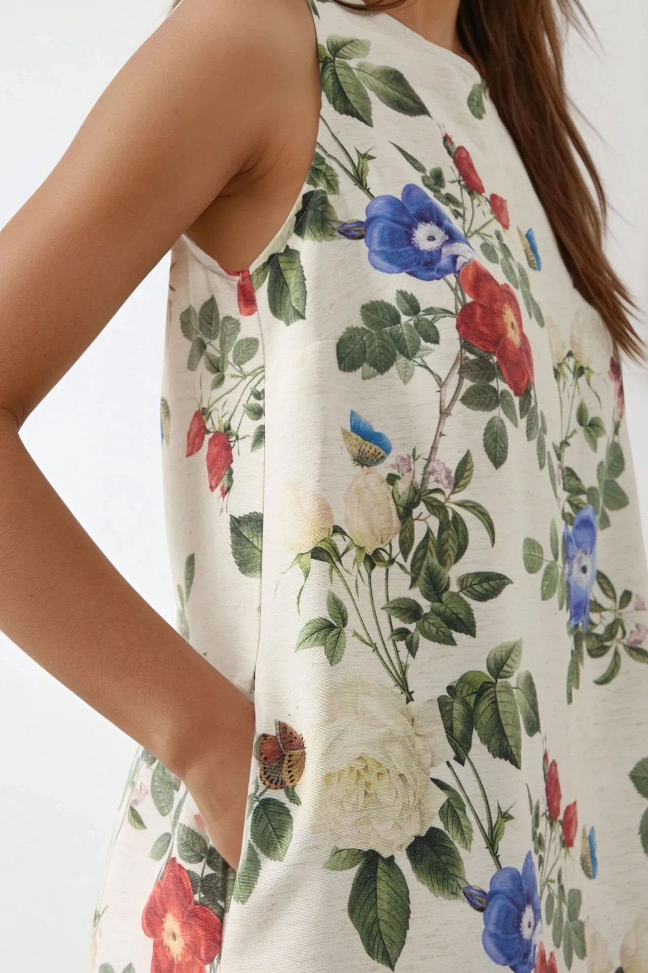 Linen Feel Sleeveless Crew Neck Midi Dress
