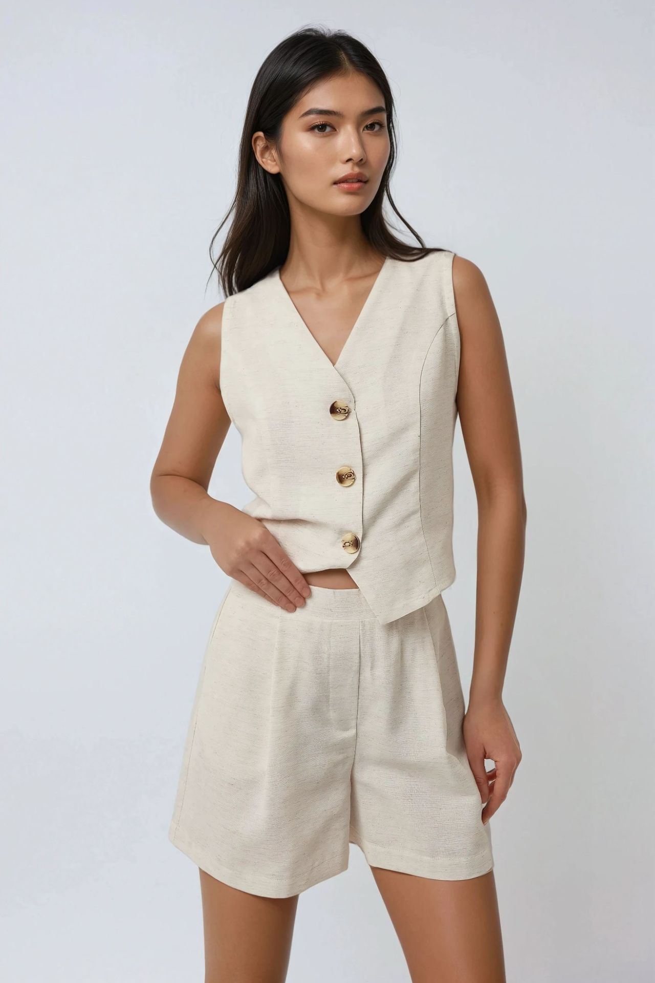 V-Neck Linen Like Vest & Short Two-Piece Set