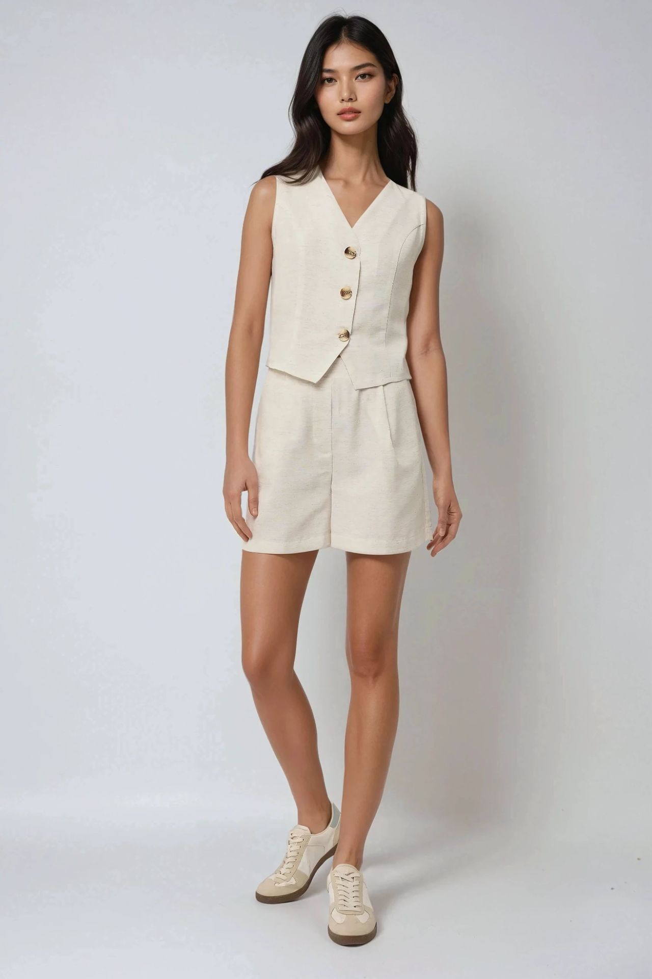 V-Neck Linen Like Vest & Short Two-Piece Set