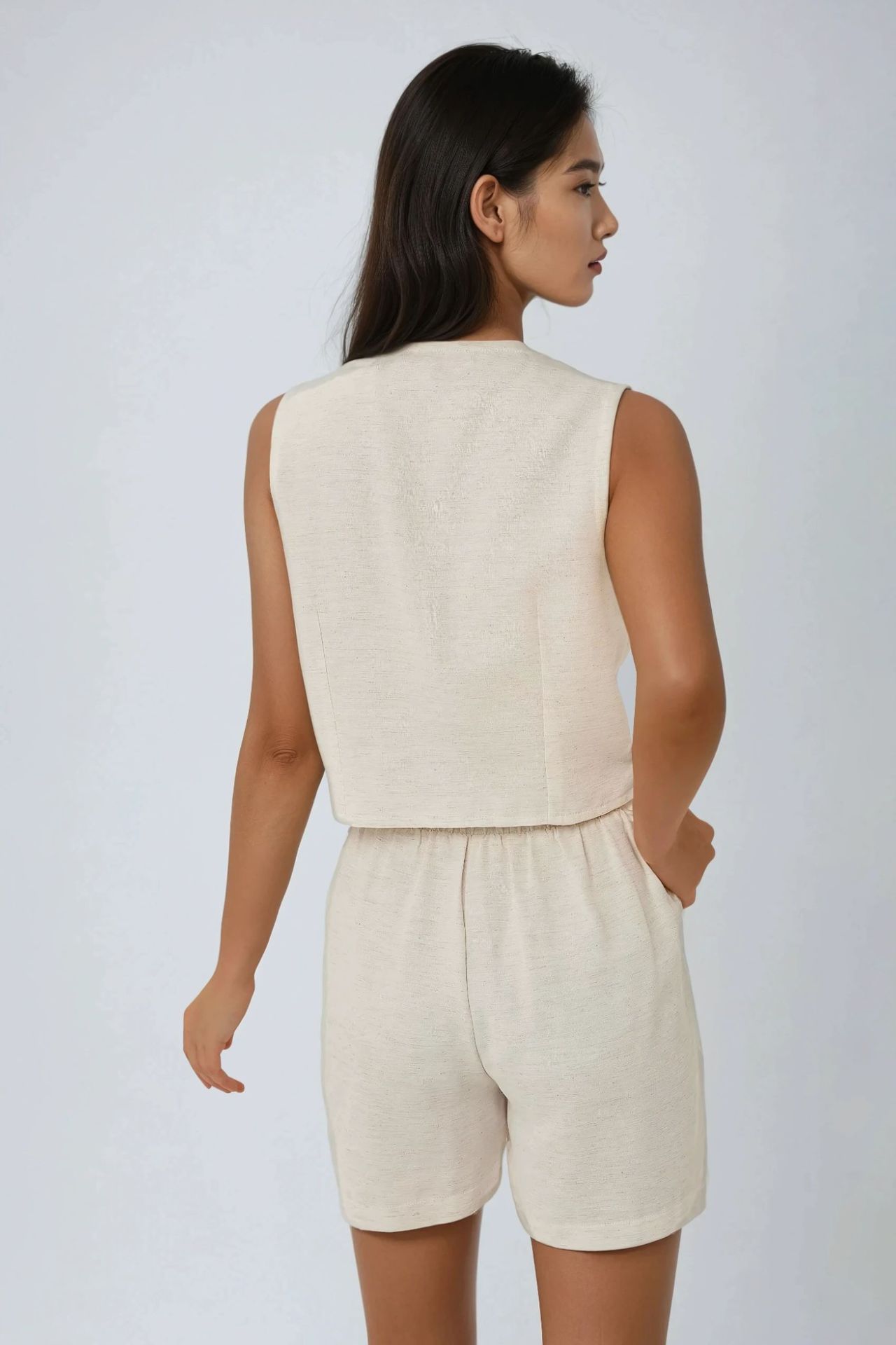 V-Neck Linen Like Vest & Short Two-Piece Set