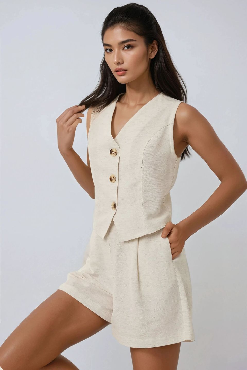 V-Neck Linen Like Vest & Short Two-Piece Set