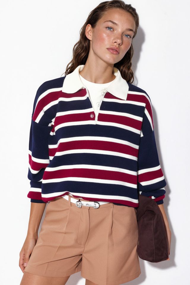 Striped Polo Collar Knit Sweater