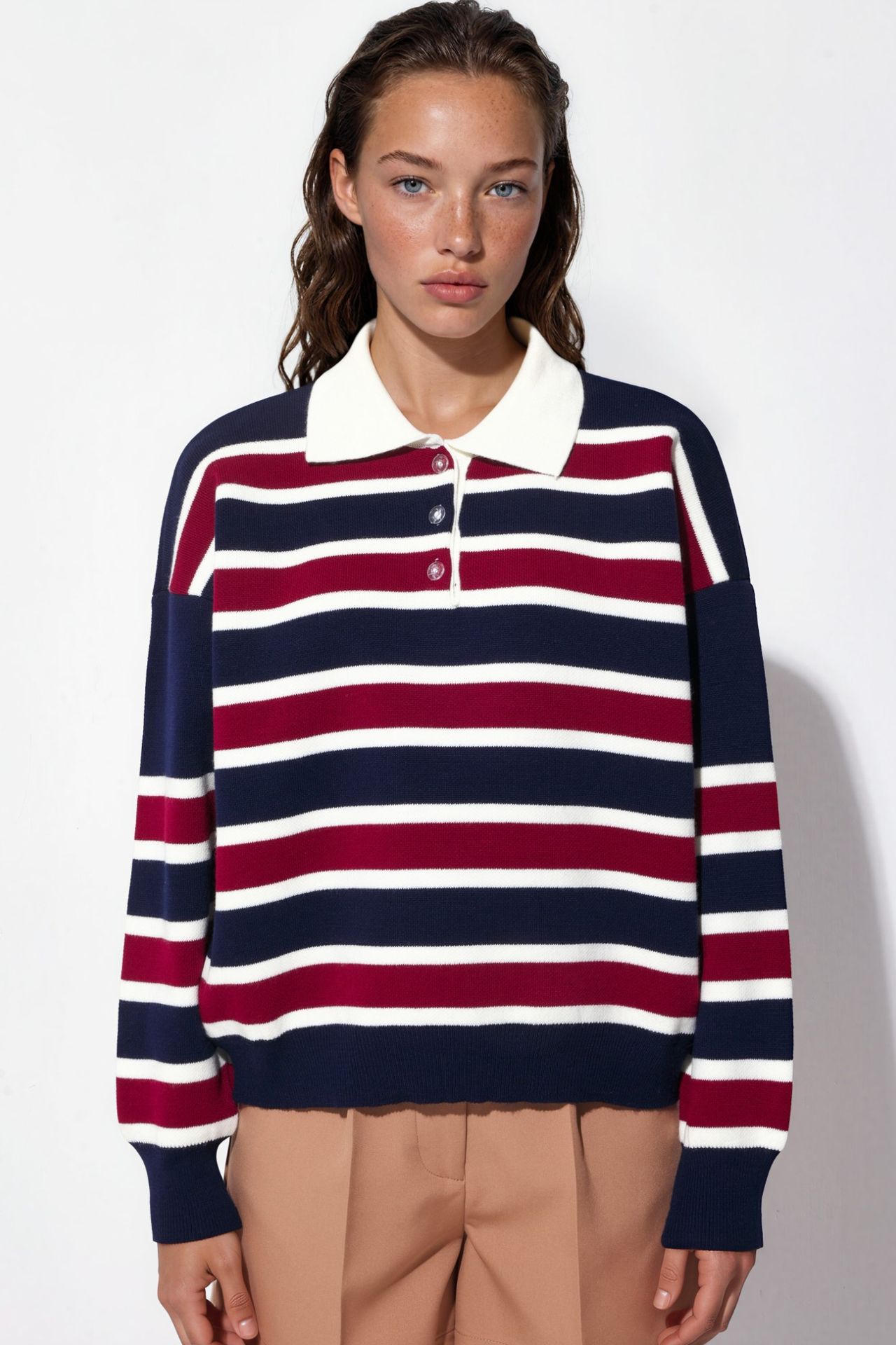 Striped Polo Collar Knit Sweater 5