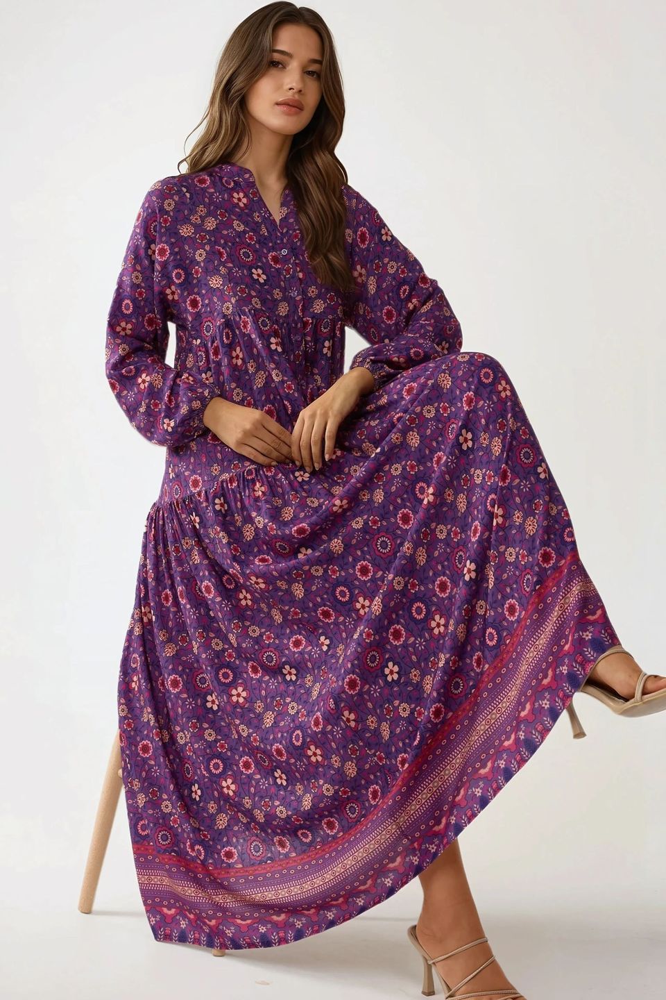 Printed V-Neck Maxi Dress with Buttons