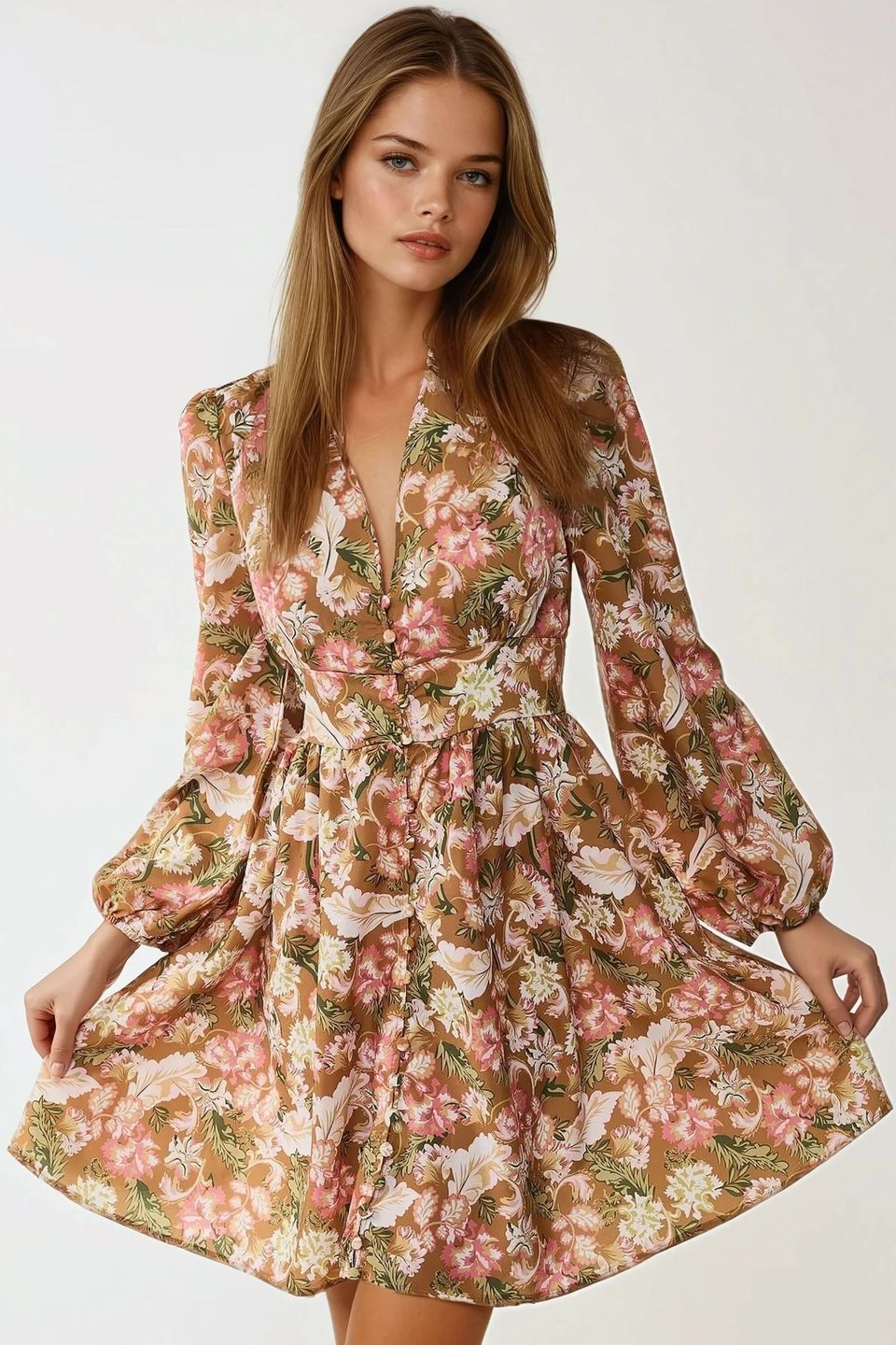 V-Neck Mini Dress with Floral Print