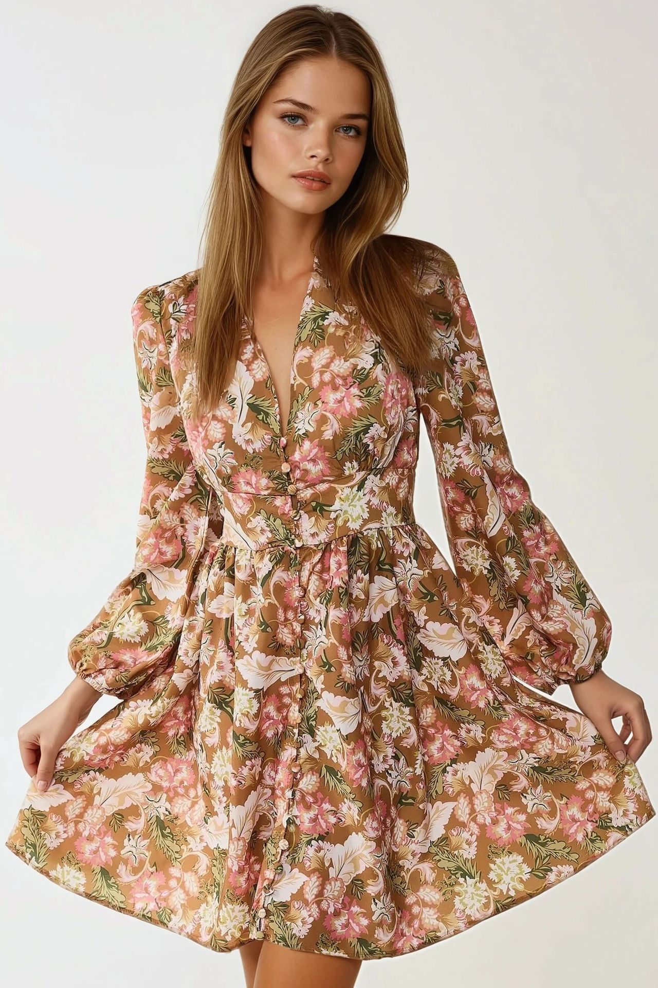 V-Neck Mini Dress with Floral Print