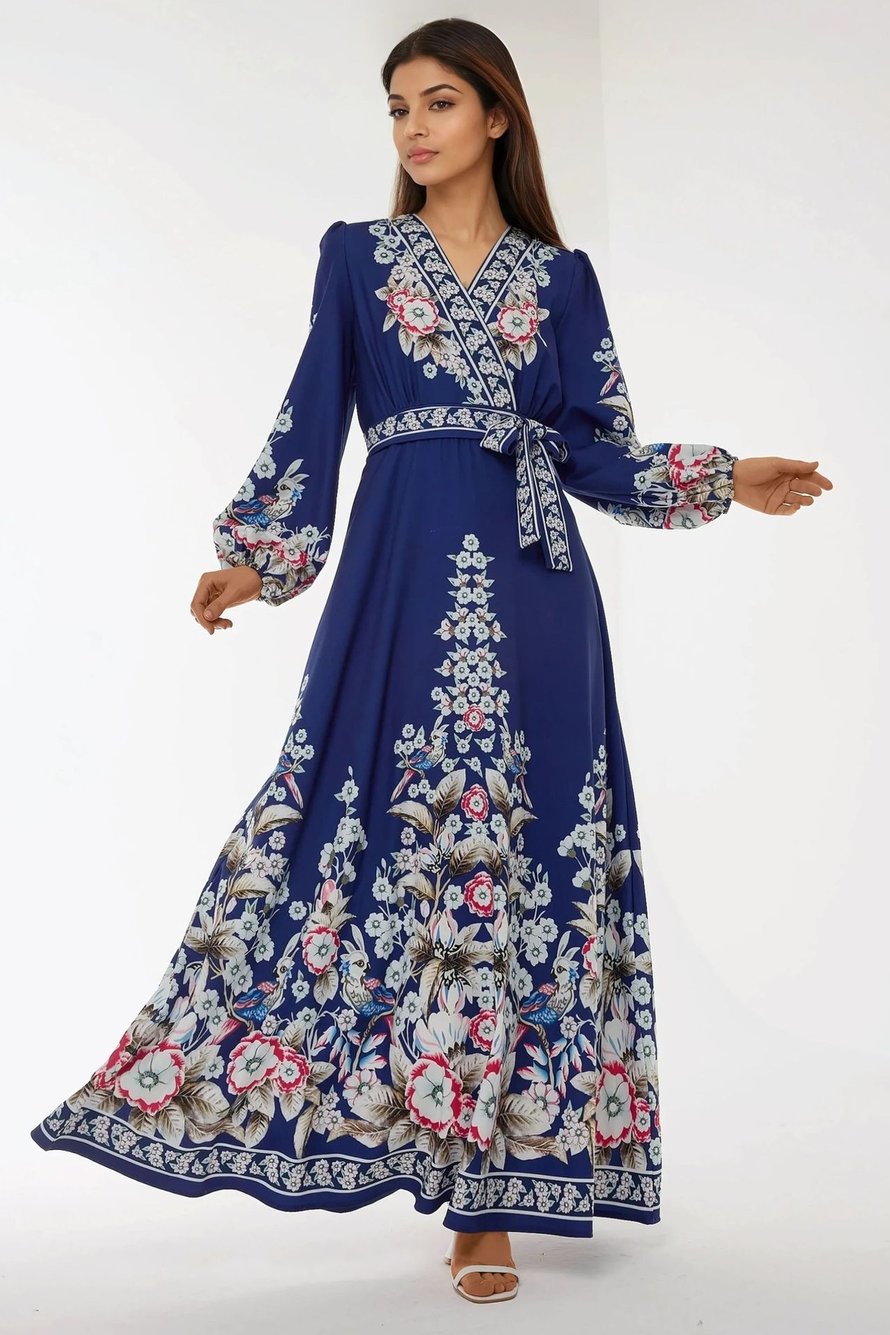 Printed V- Neck Long Sleeve Maxi Dress with Belt
