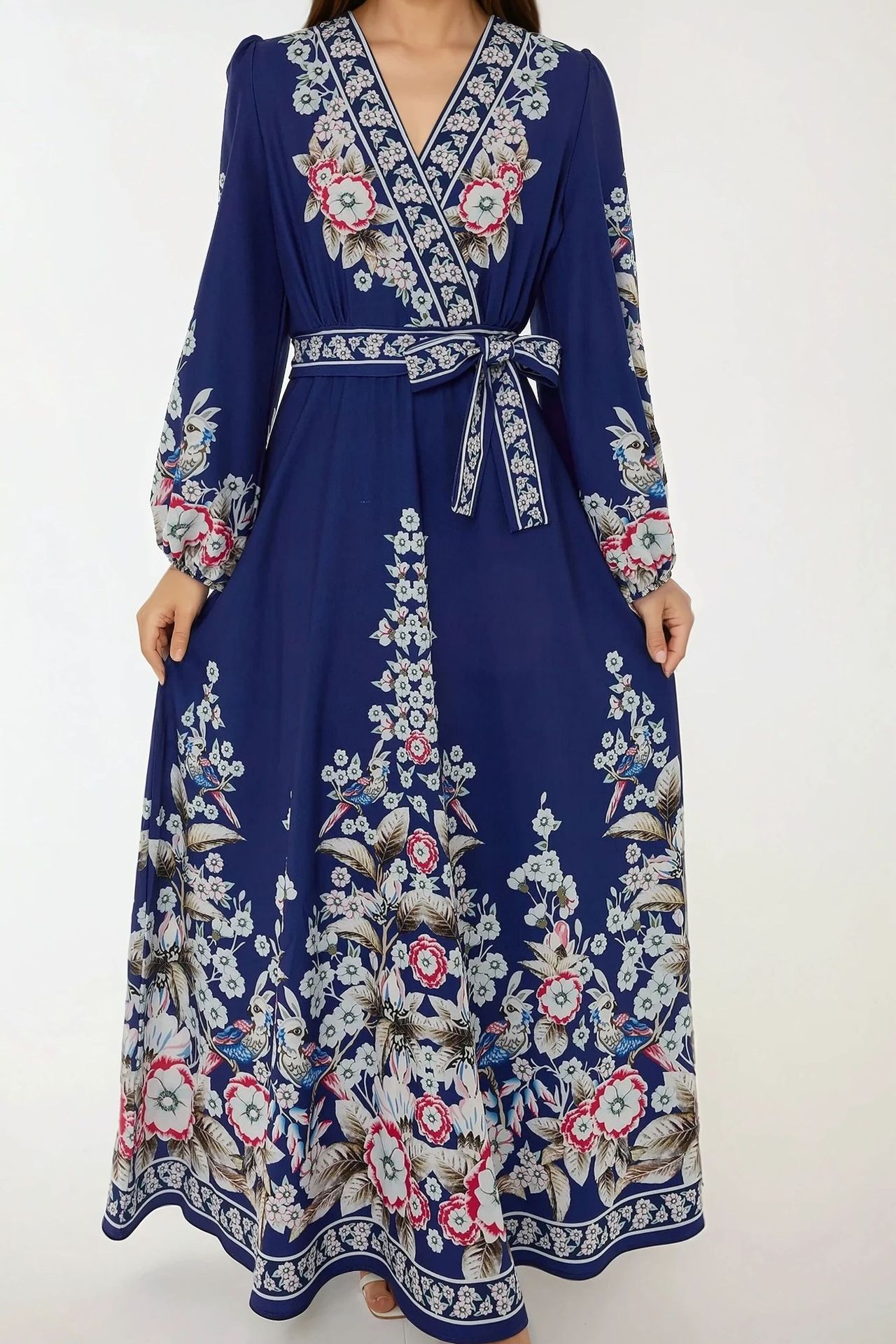 Printed V- Neck Long Sleeve Maxi Dress with Belt