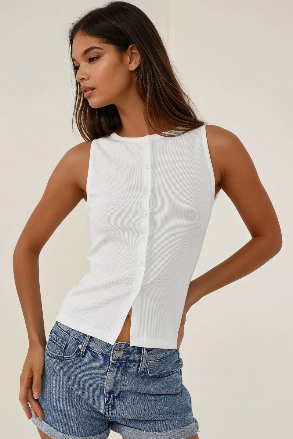 Fitted Crew Neck Knitted Top with Buttons