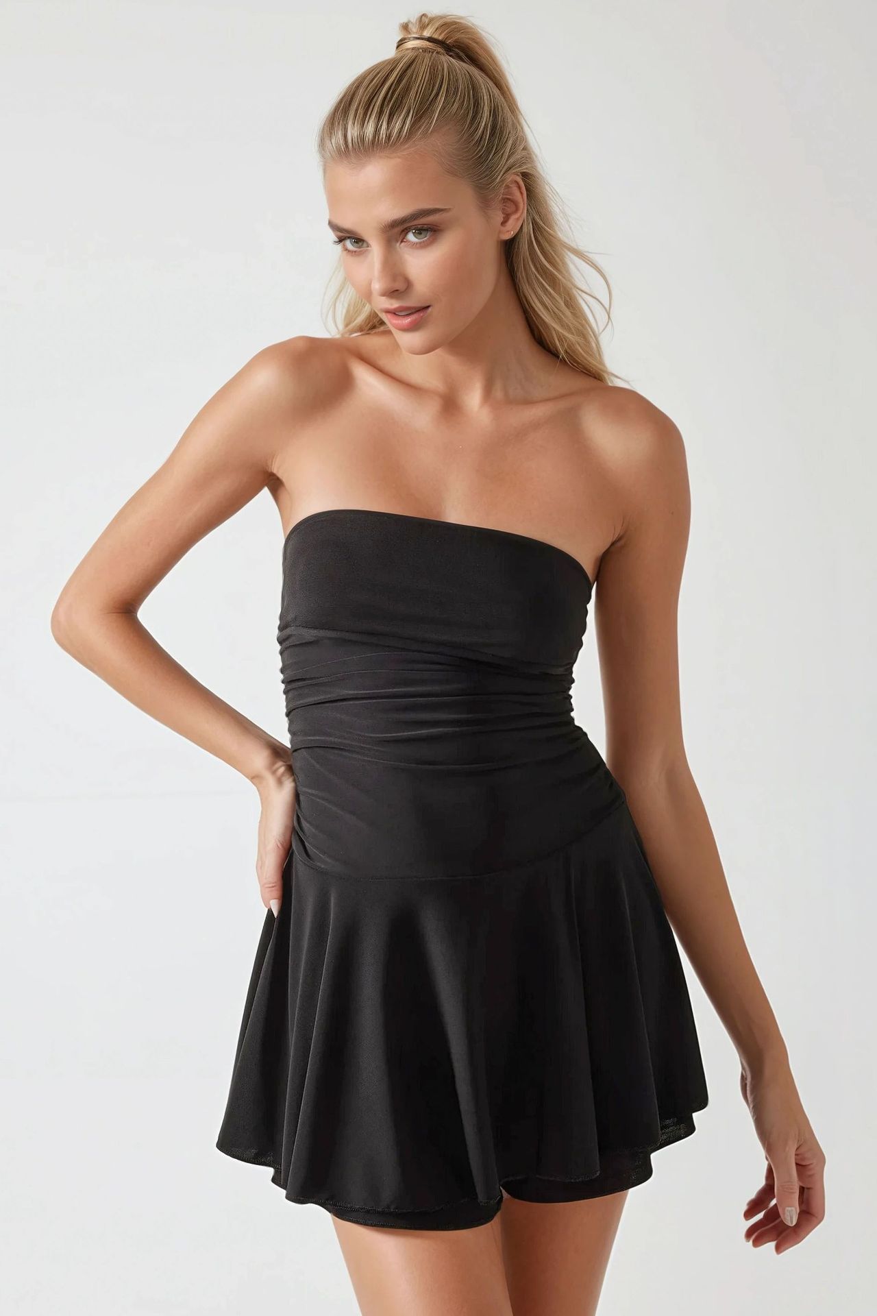 Strapless Ruffle Skater Mini Dress