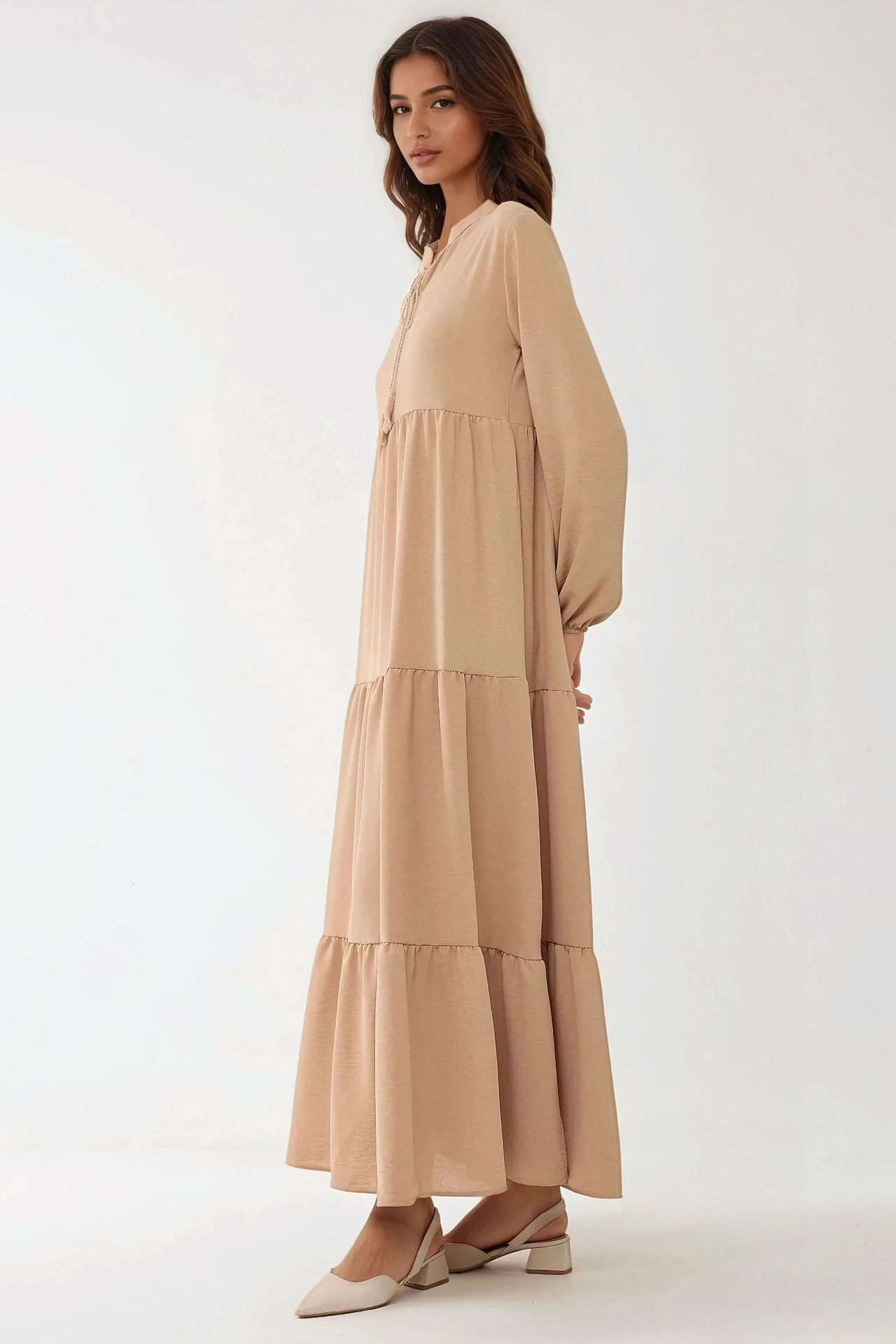 Textured Long Sleeve Crew Neck Maxi Dress