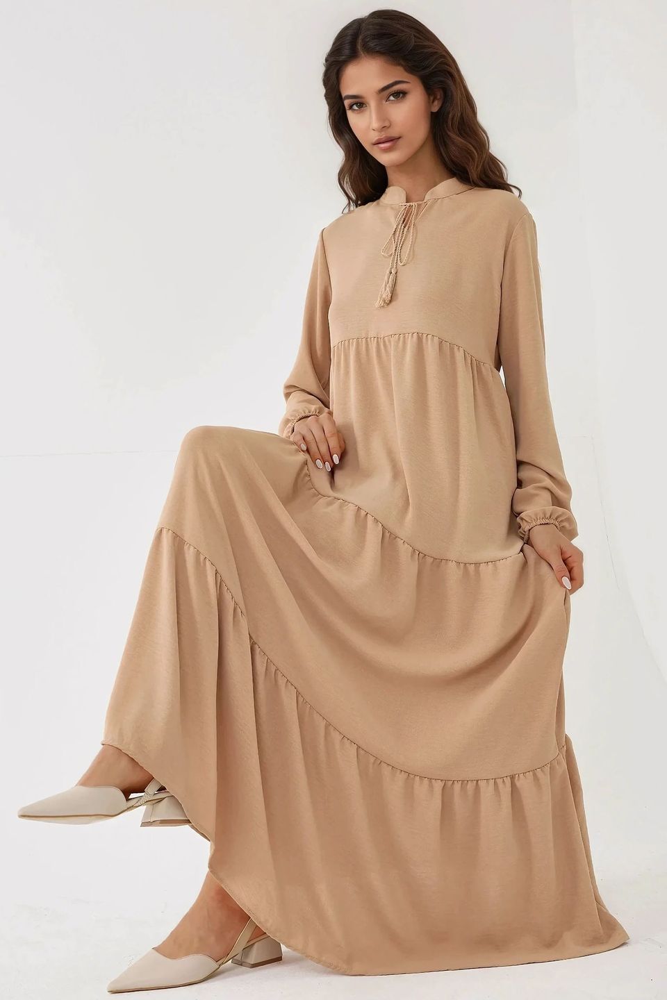 Textured Long Sleeve Crew Neck Maxi Dress